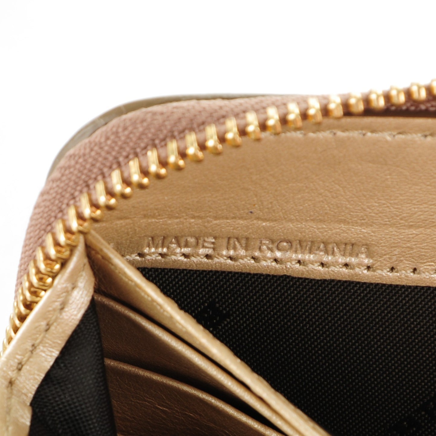 Metallic Patent Studded Zip Around Wallet Gold