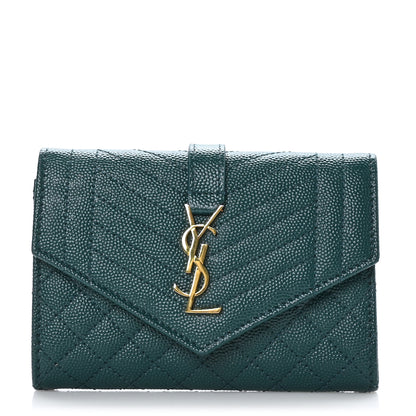 Saint Laurent Grain De Poudre Textured Mixed Matelasse Triquilt Small Monogram Envelope Wallet Sea Turquoise 1 of 7