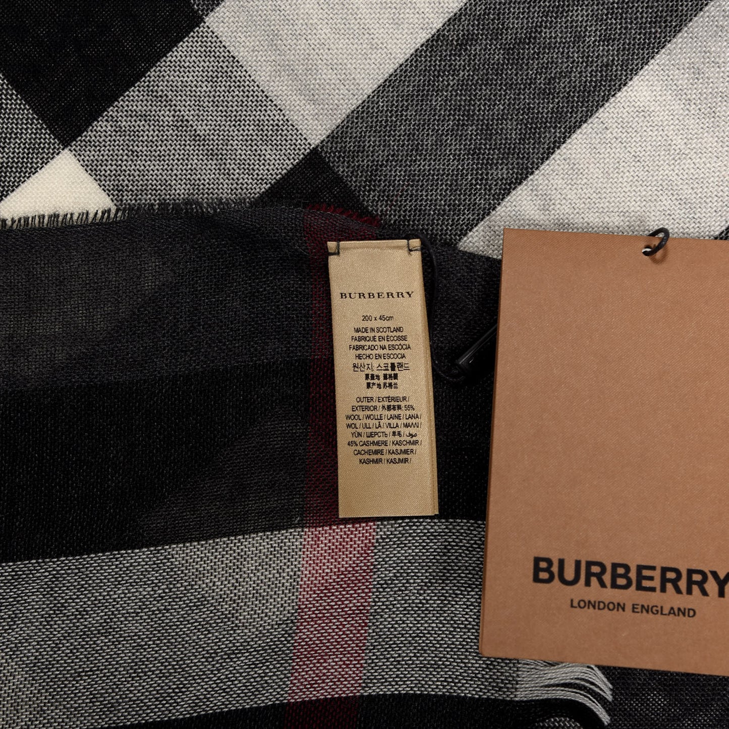 Wool Cashmere Tonal Lightweight Check Scarf Charcoal