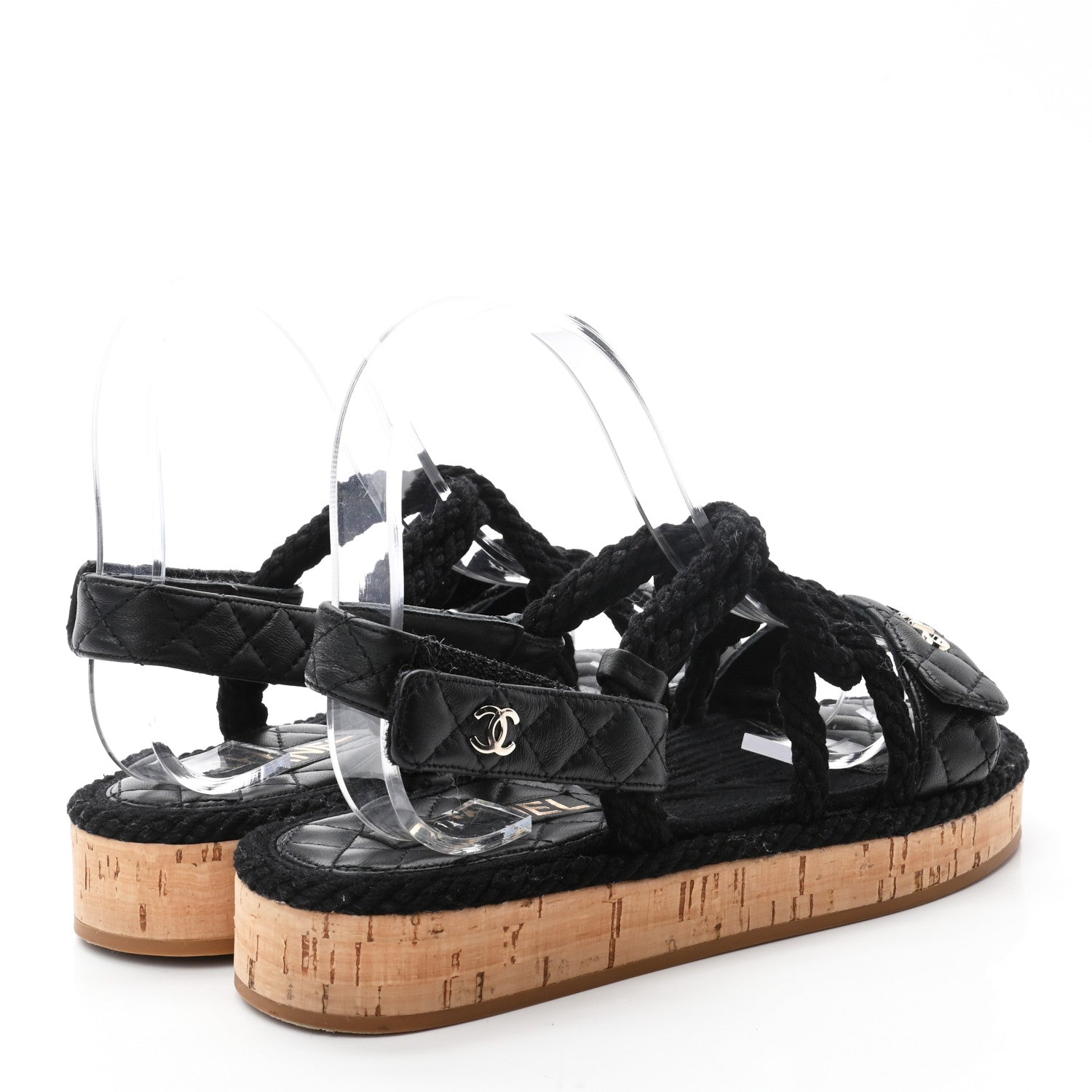Chanel Cord Lambskin Quilted Logo Sandals 37 Black 4 of 8