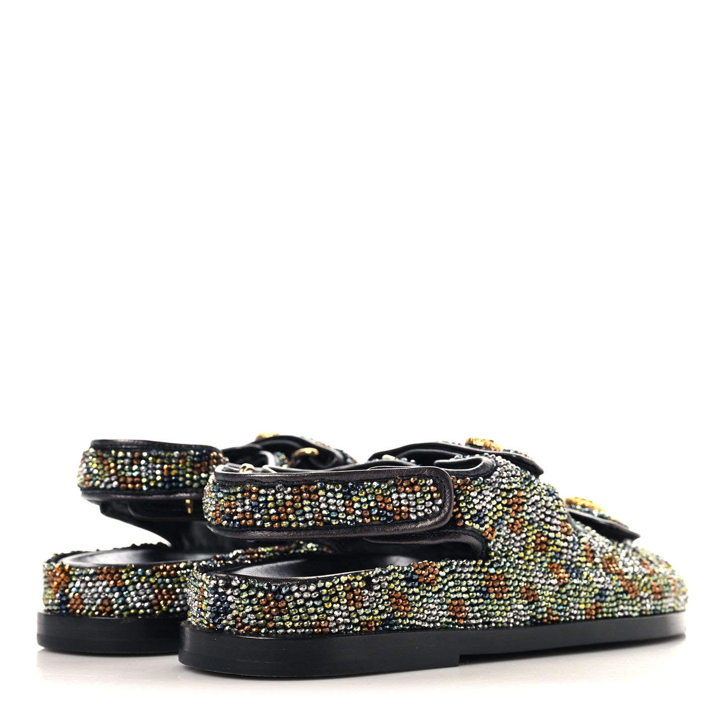Grained Calfskin Crystal Velcro Dad Sandals 36.5 Black Multicolor