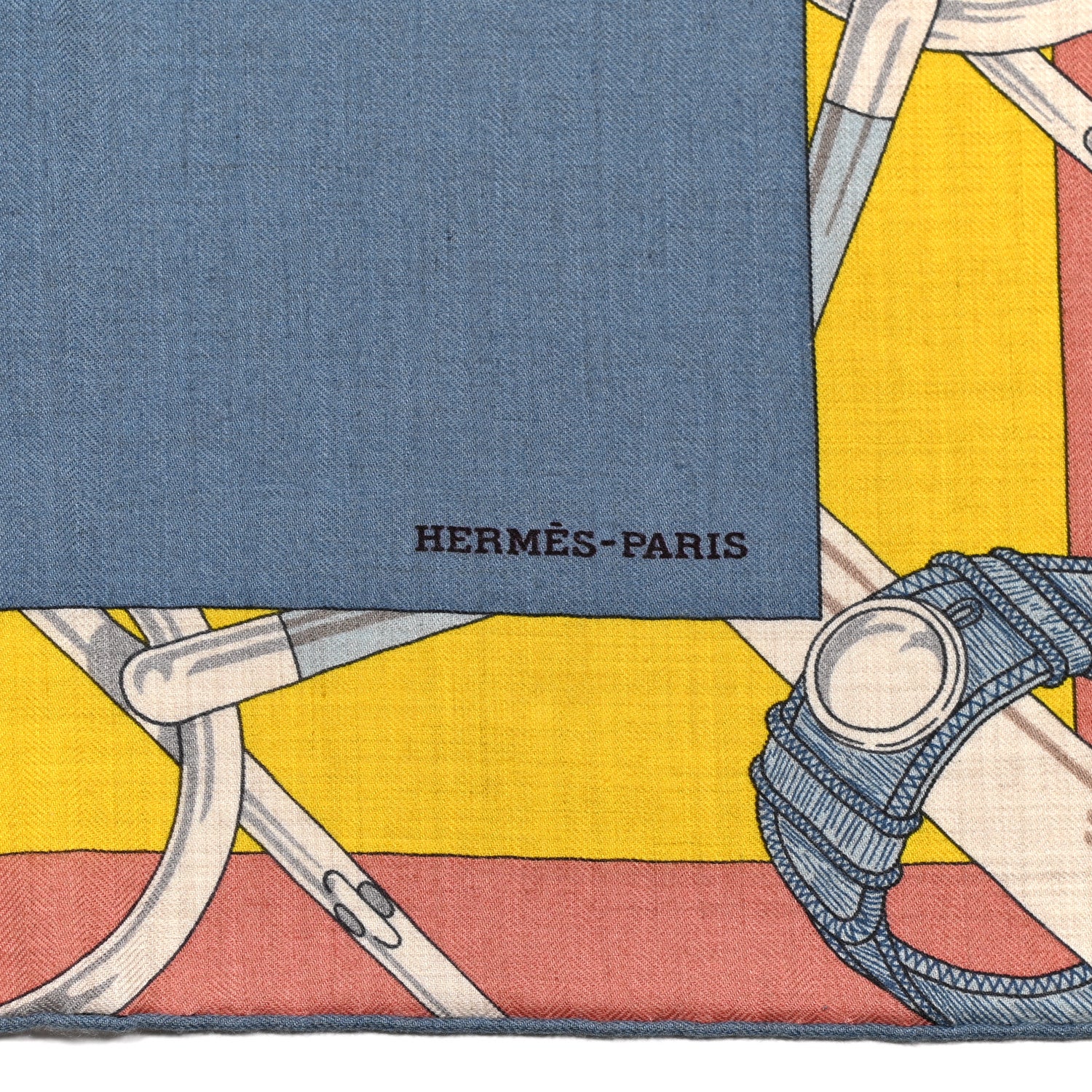 Hermes Cashmere Silk Encadre Eperon d'Or Scarf 90 Bleu Jean Jaune 2 of 4