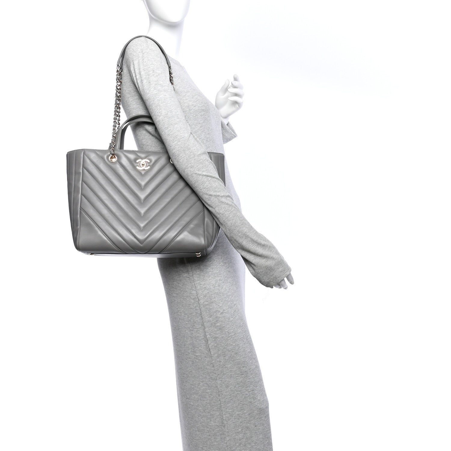 Chanel Calfskin Chevron Quilted Statement Shopping Tote Grey 4 of 21