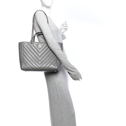 Chanel Calfskin Chevron Quilted Statement Shopping Tote Grey 4 of 21