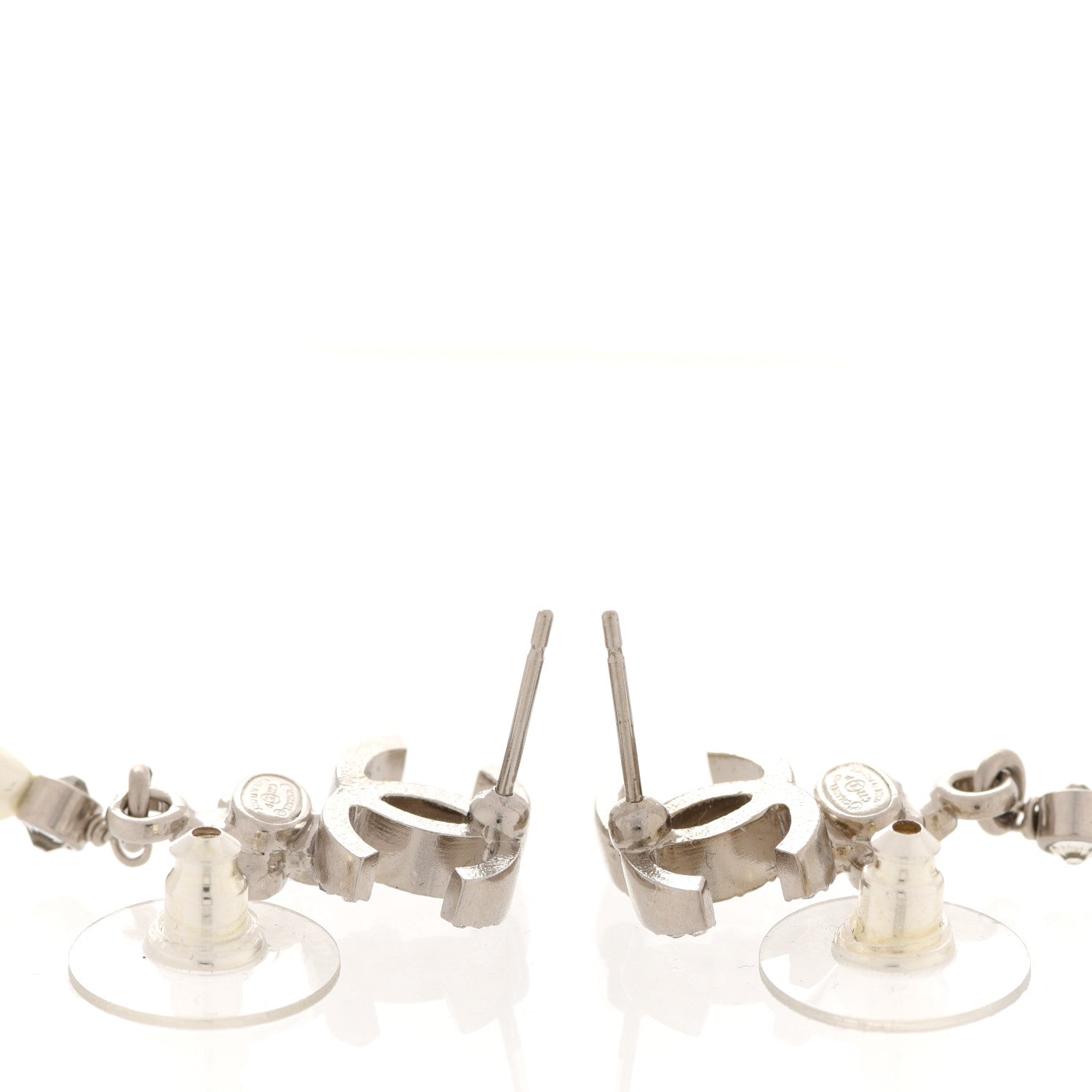 Chanel Crystal Pearl Flower CC Drop Earrings Silver 3 of 5