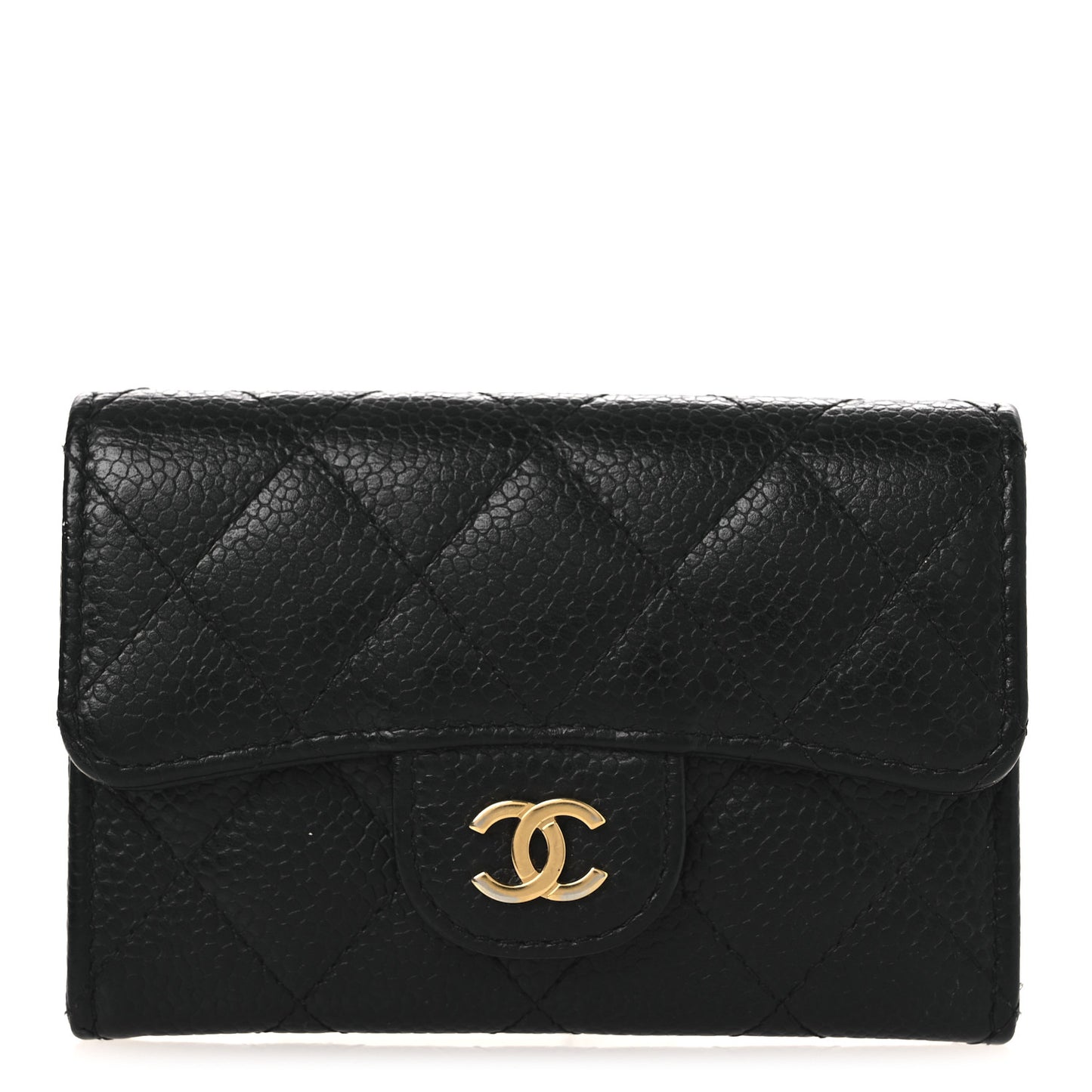 Caviar Quilted Flap Card Holder Wallet Black