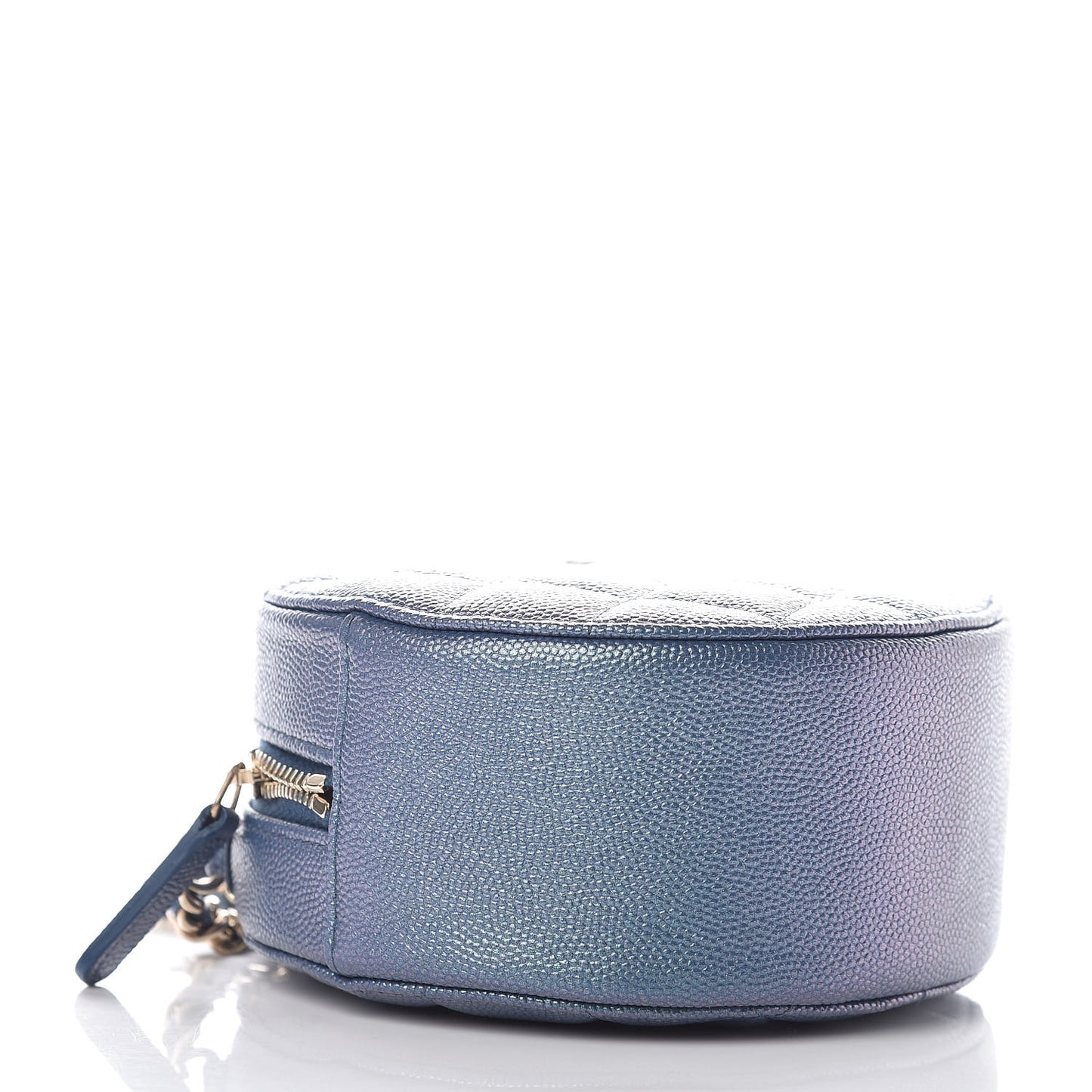 Iridescent Caviar Quilted Round Clutch With Chain Blue