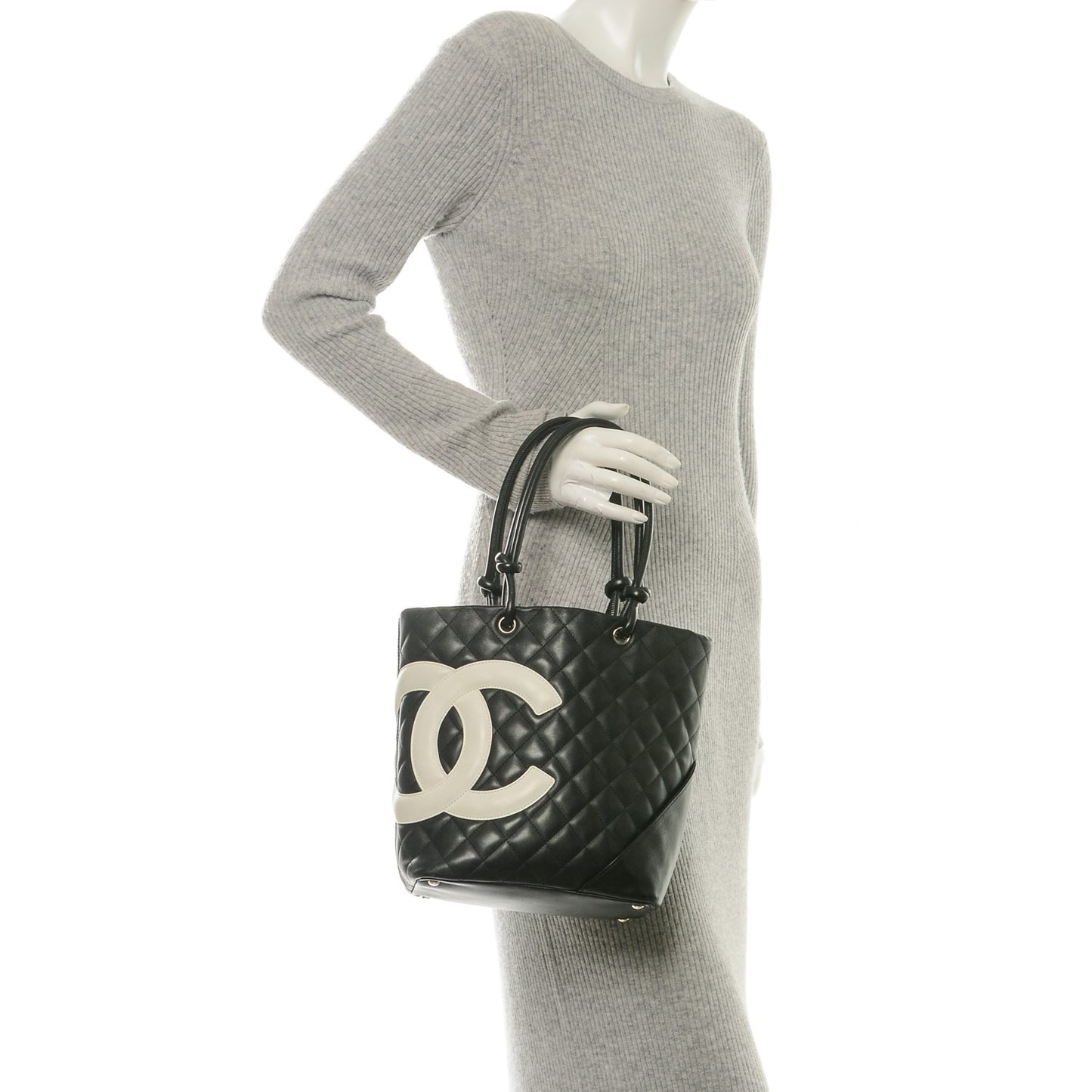 Calfskin Quilted Medium Cambon Tote Black White