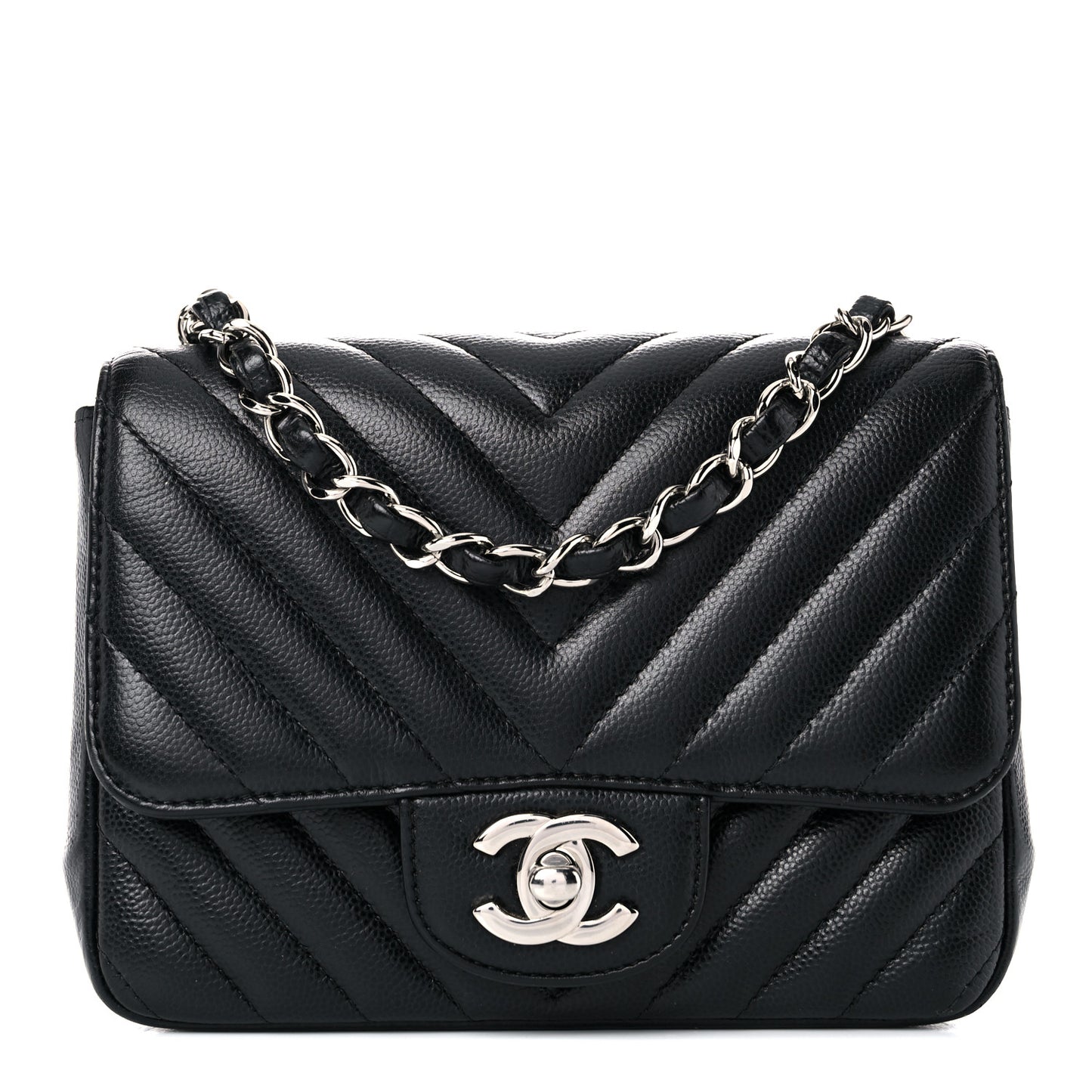 Caviar Chevron Quilted Mini Square Flap Black