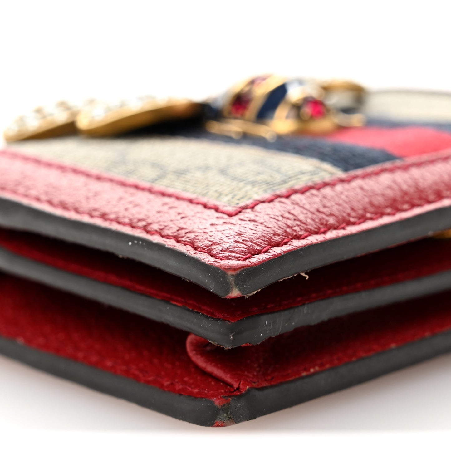 GG Supreme Monogram Web Queen Margaret Card Case Wallet Red