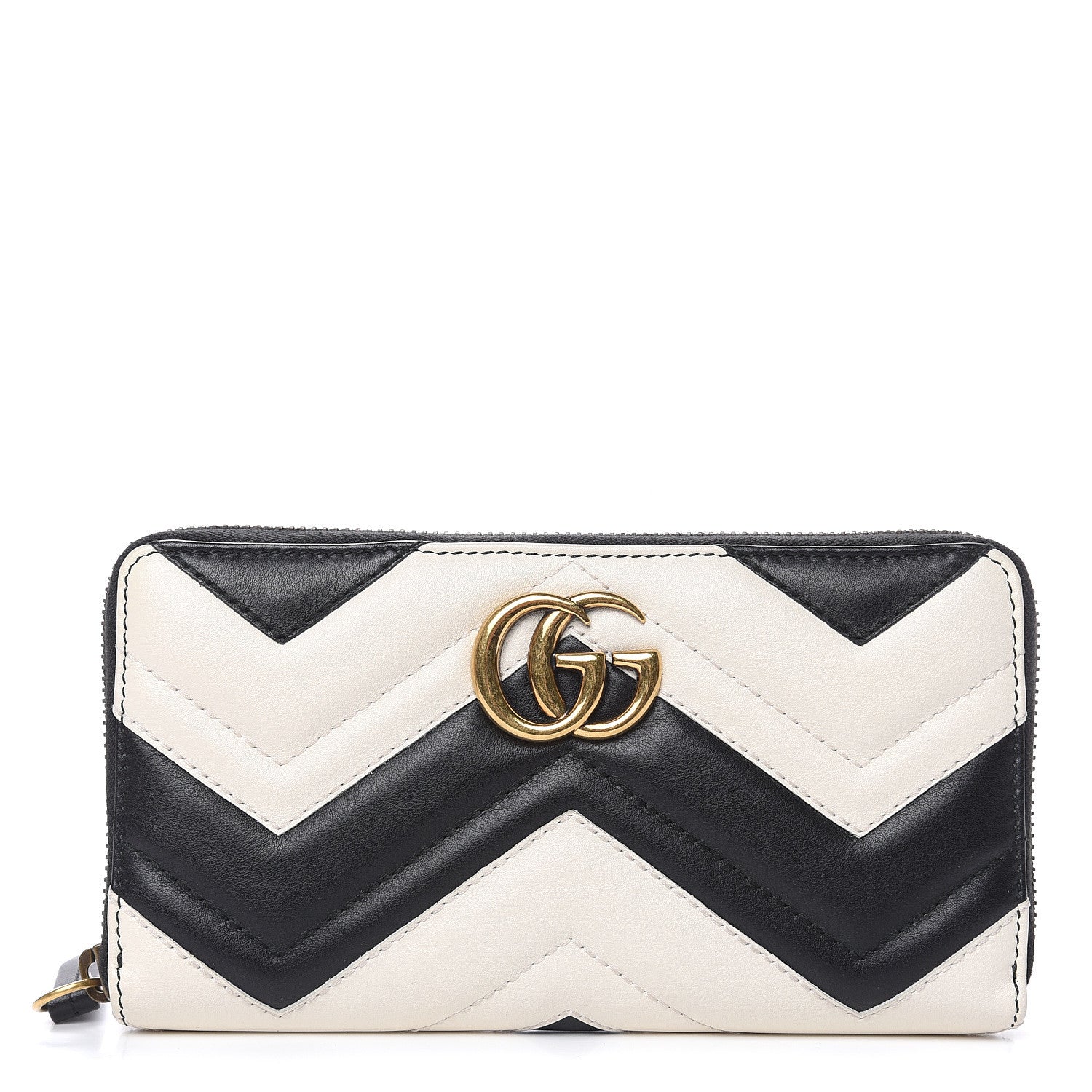 Gucci Calfskin Matelasse GG Marmont Zip Around Wallet Black White 1 of 8