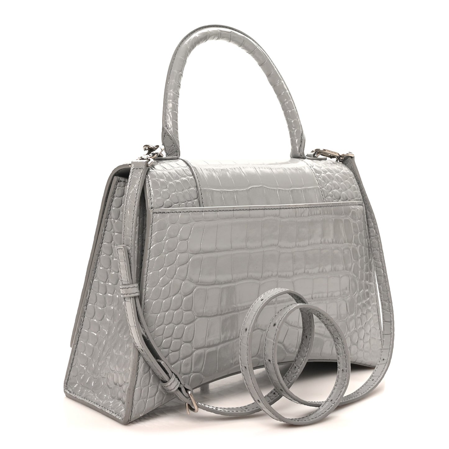 Shiny Calfskin Crocodile Embossed Medium Hourglass Top Handle Bag Balenciaga Grey