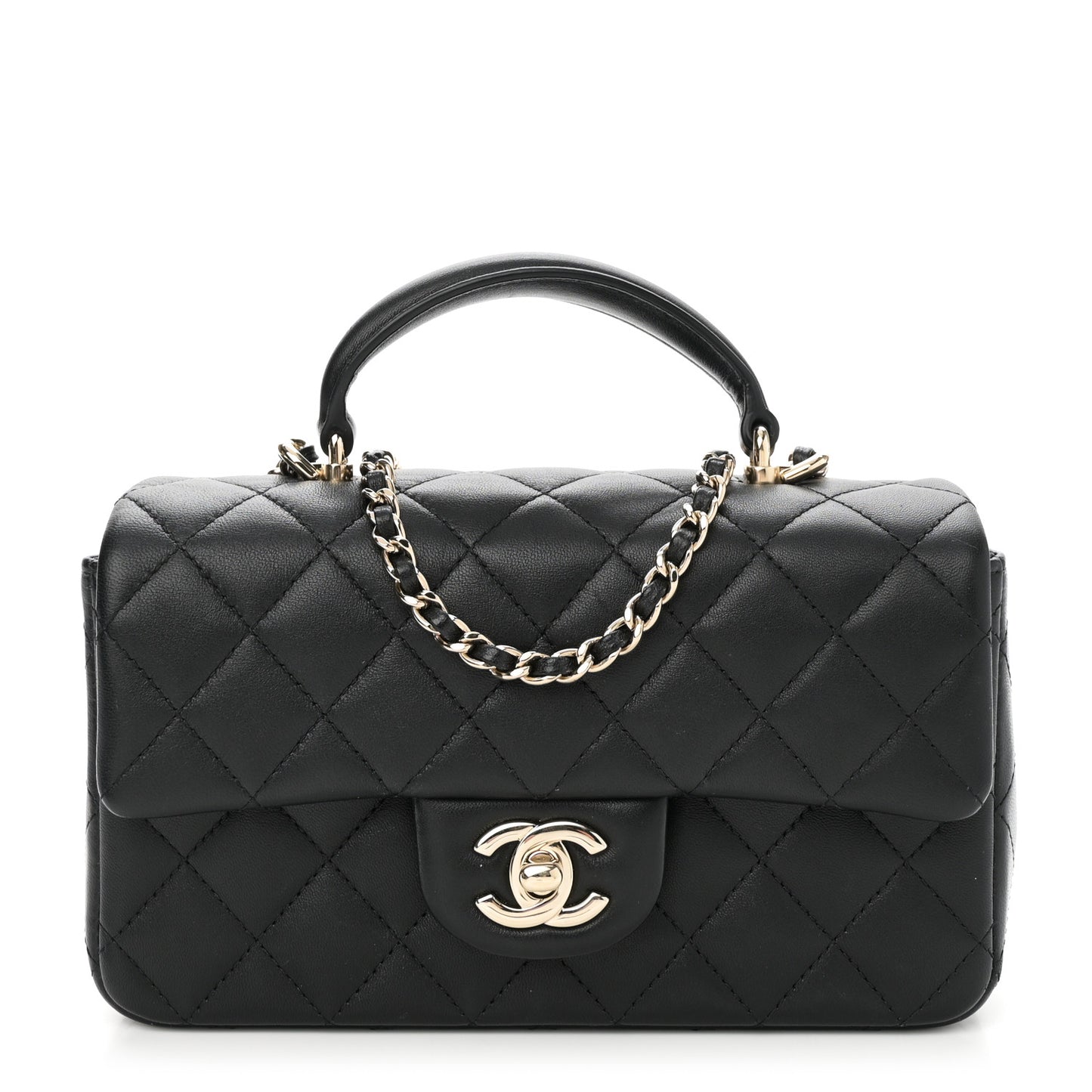 Lambskin Quilted Mini Top Handle Rectangular Flap Black
