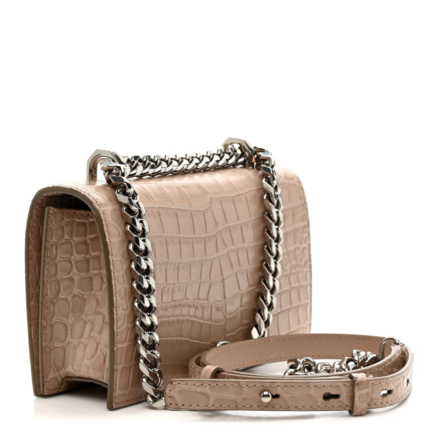 Alexander McQueen Calfskin Crocodile Embossed Mini Jeweled Satchel Sand 5 of 23