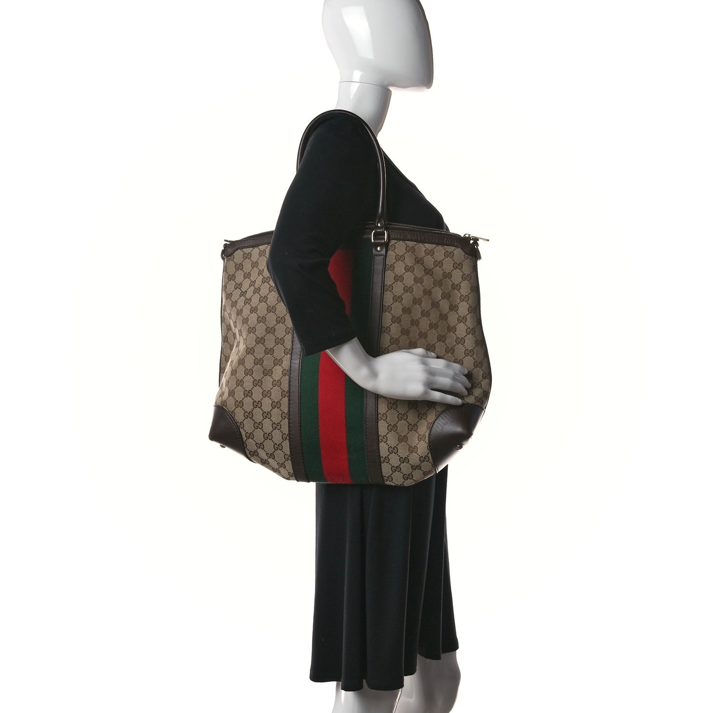 GG Canvas Vintage Web Large Tote Brown