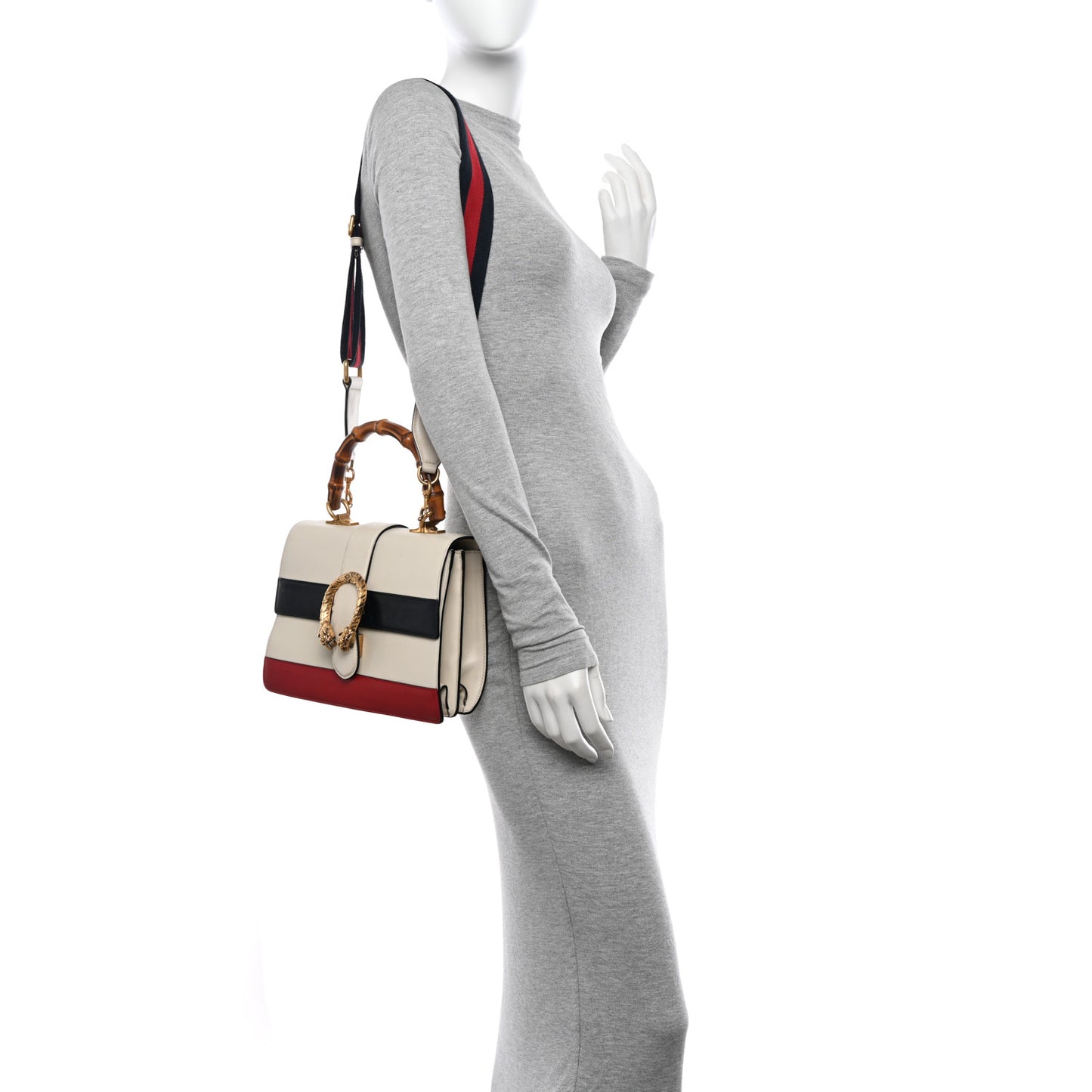 Calfskin Bamboo Web Medium Dionysus Top Handle Bag White Blue Hibiscus Red
