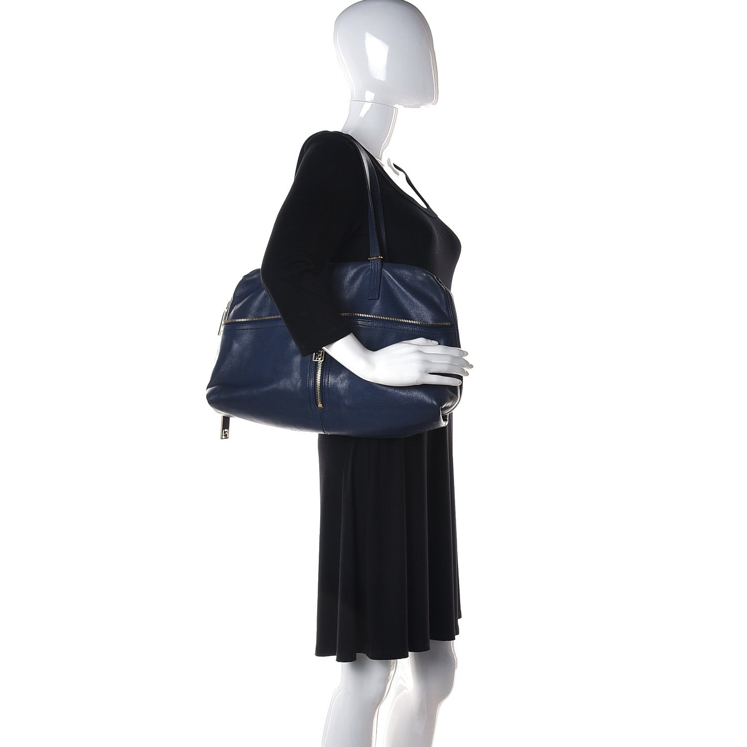 Fendi Sheepskin Zipper Satchel Navy 2 of 13