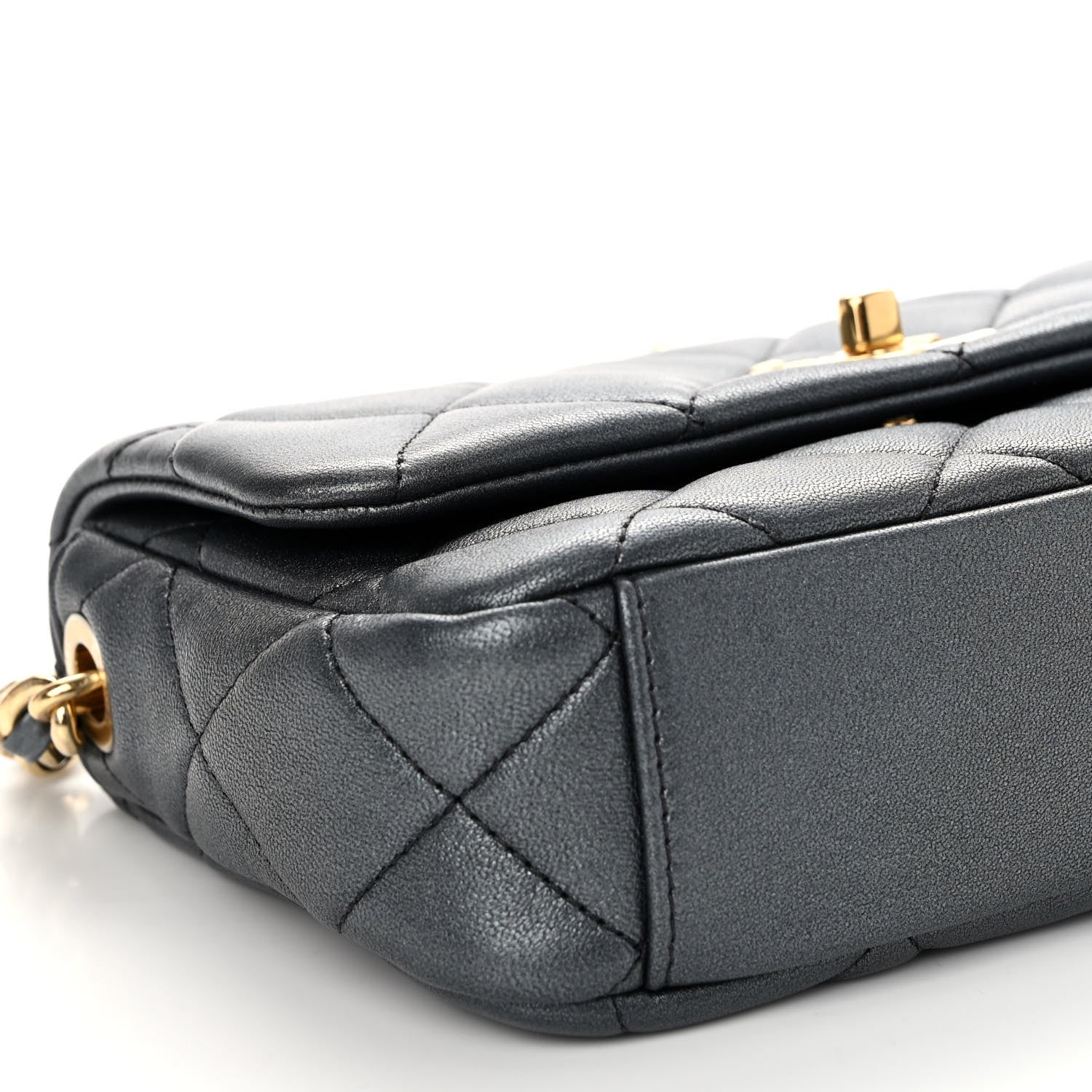 Chanel Metallic Lambskin Quilted Logo Charm Chain Flap Grey 9 of 10
