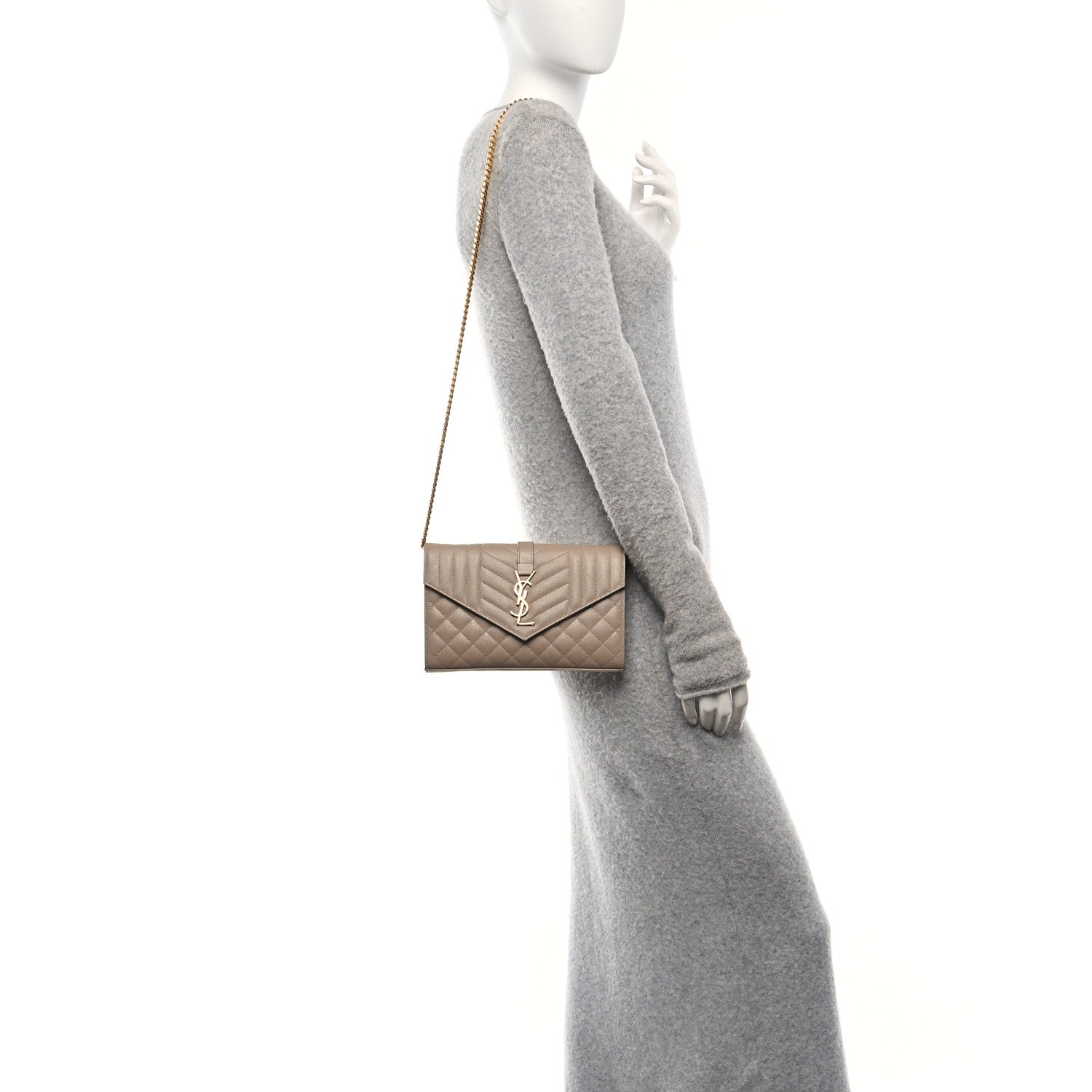Saint Laurent Grain De Poudre Mixed Matelasse Triquilt Monogram Chain Wallet Dark Beige 2 of 14