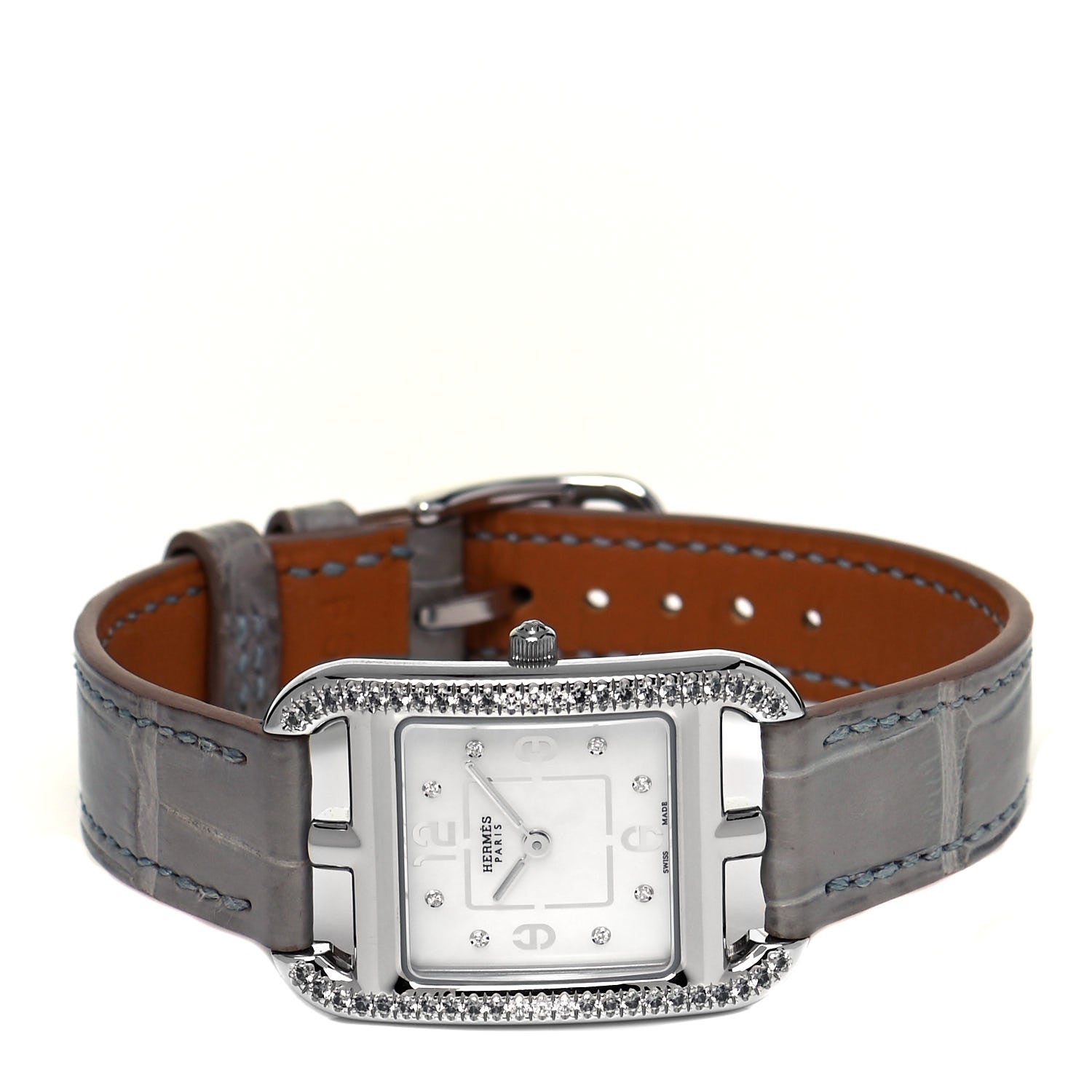 Hermes Stainless Steel Alligator Diamond Bezel Grey Sapphire Mother of Pearl 23mm Cape Cod Quartz Watch Gris Perle 2 of 5