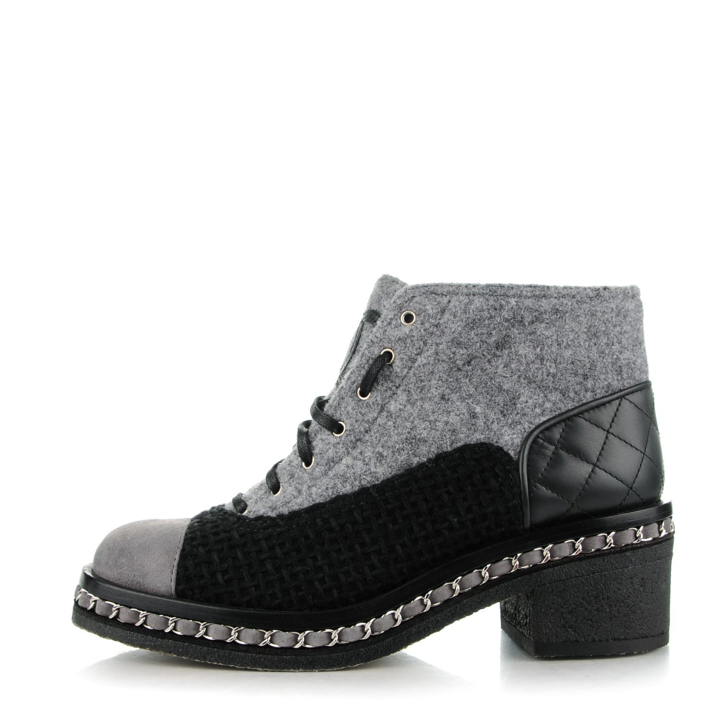 Tweed Suede Calfskin Chain Around Boots 38 Grey Black