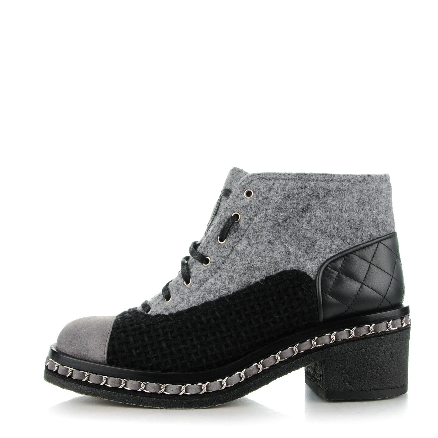 Chanel Tweed Suede Calfskin Chain Around Boots 38 Grey Black 1 of 9