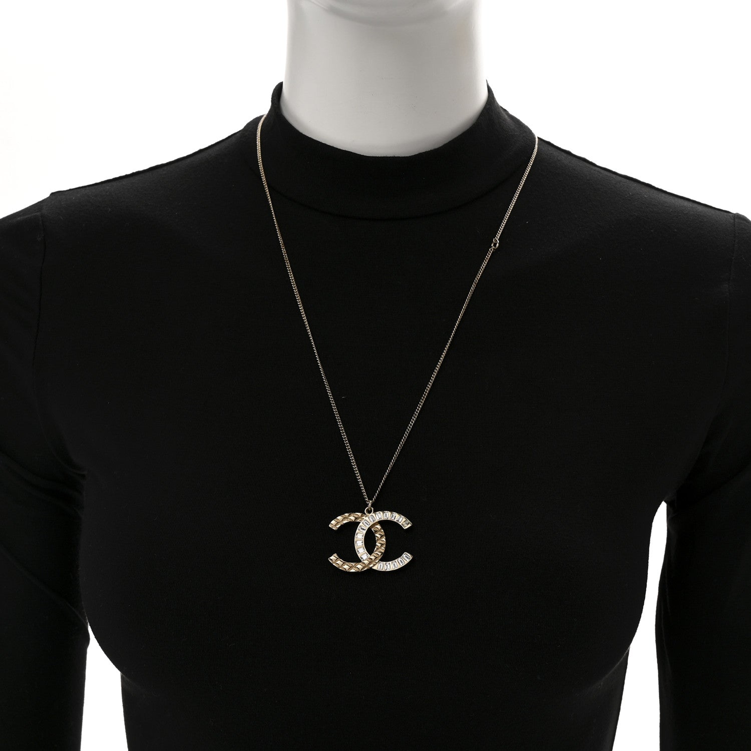 Chanel Baguette Crystal Quilted CC Pendant Necklace Gold 2 of 7
