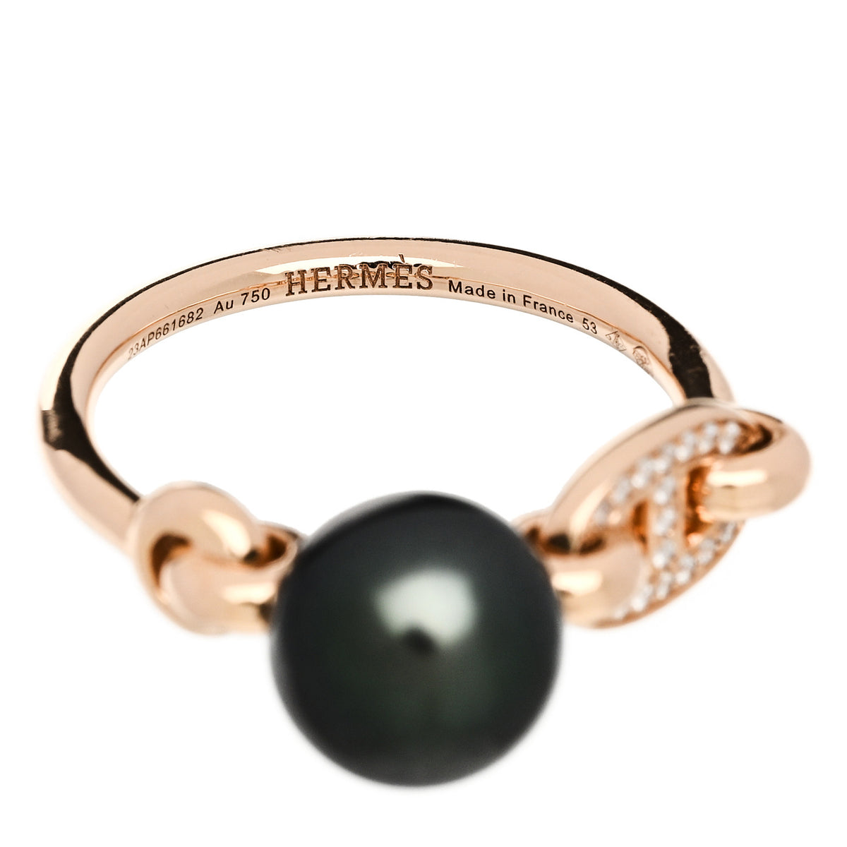 Hermes 18K Rose Gold Diamond Tahitian Cultured Pearl Albertine Ring 53 6.5 4 of 5