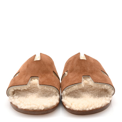 Hermes Suede Goatskin Shearling Mens Izmir Sandals 42 Marron Teck Ecru 3 of 9