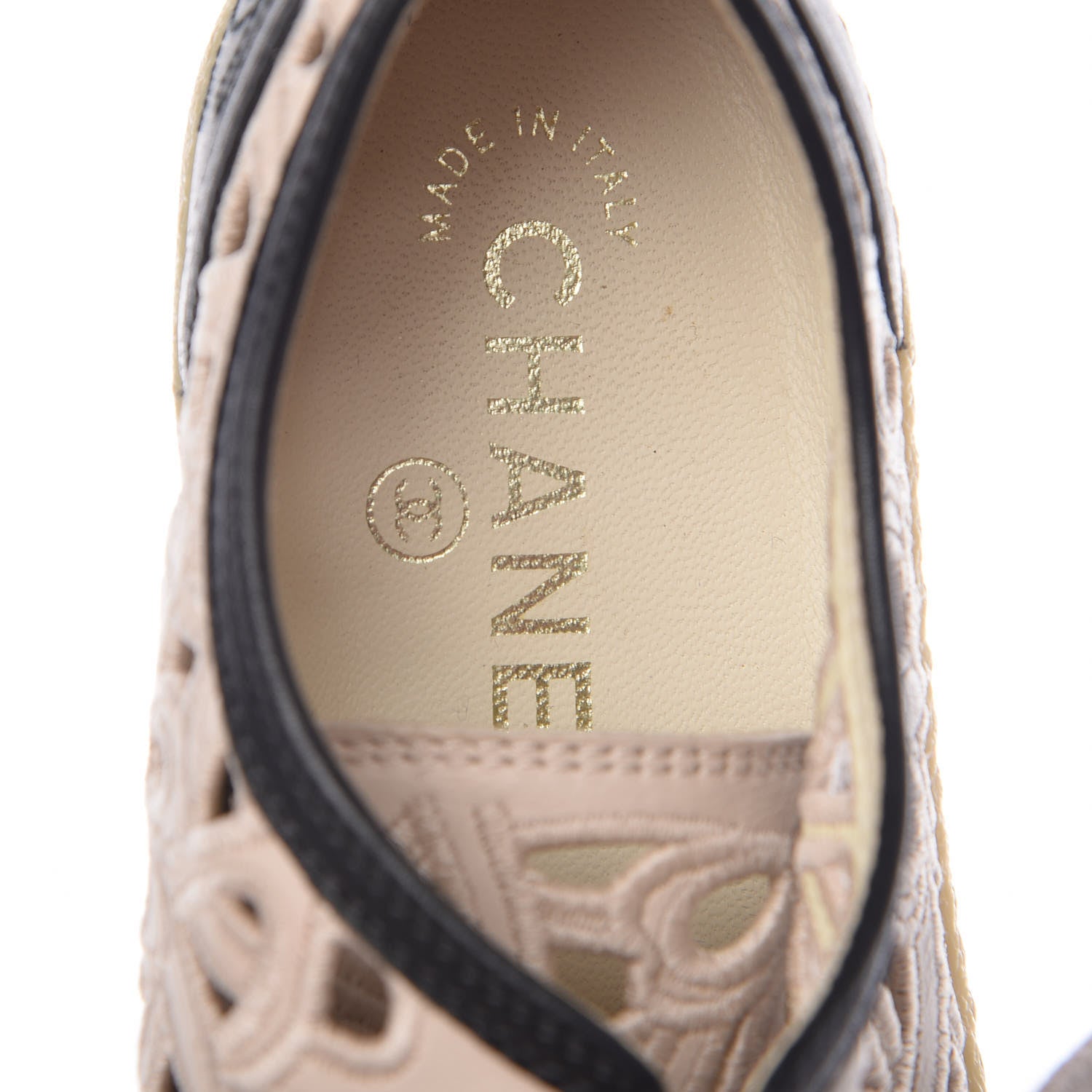 Chanel Grained Goatskin Hollow Out Flower Sneakers 37 Beige Black 7 of 8