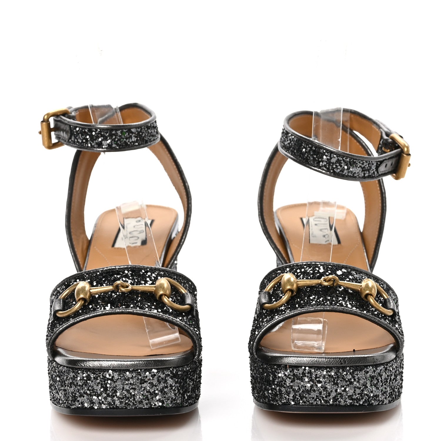 Gucci Glitter Nappa Silk Lady Horsebit 60mm Platform Sandals 37 Light Grey Anthracite 2 of 9