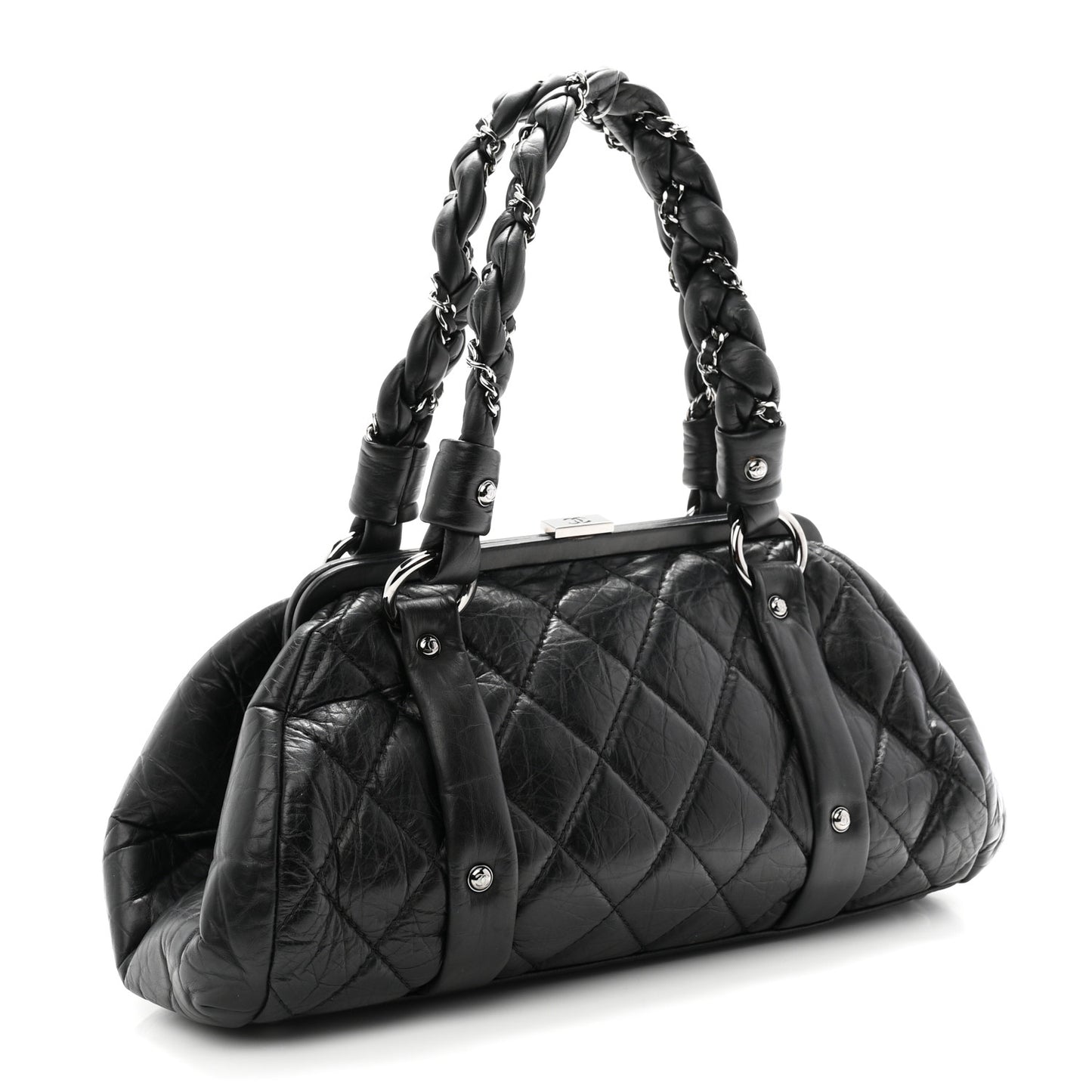 Distressed Lambskin Lady Braid Frame Bowler Black