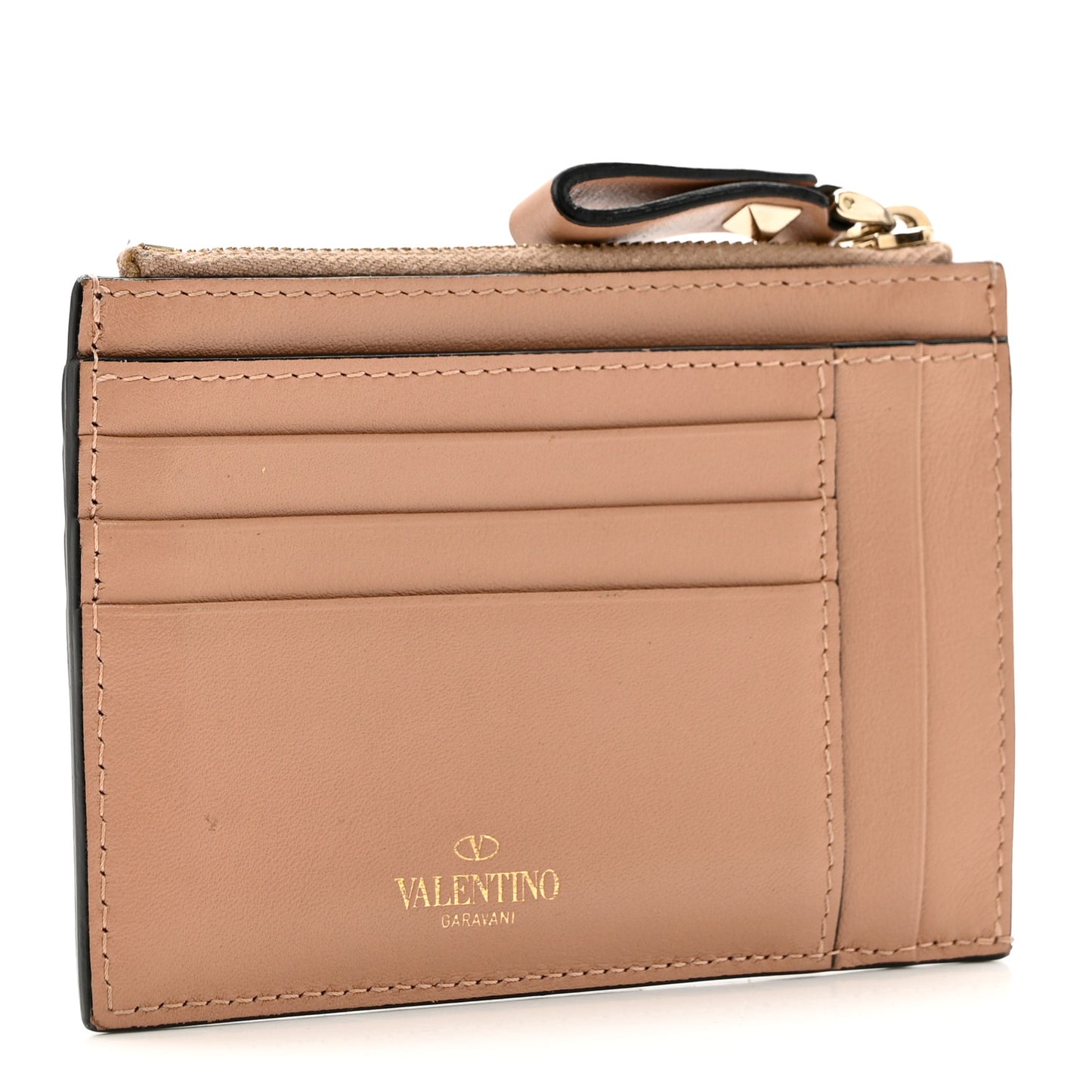 Calfskin Rockstud Coin Case Card Holder Soft Noisette