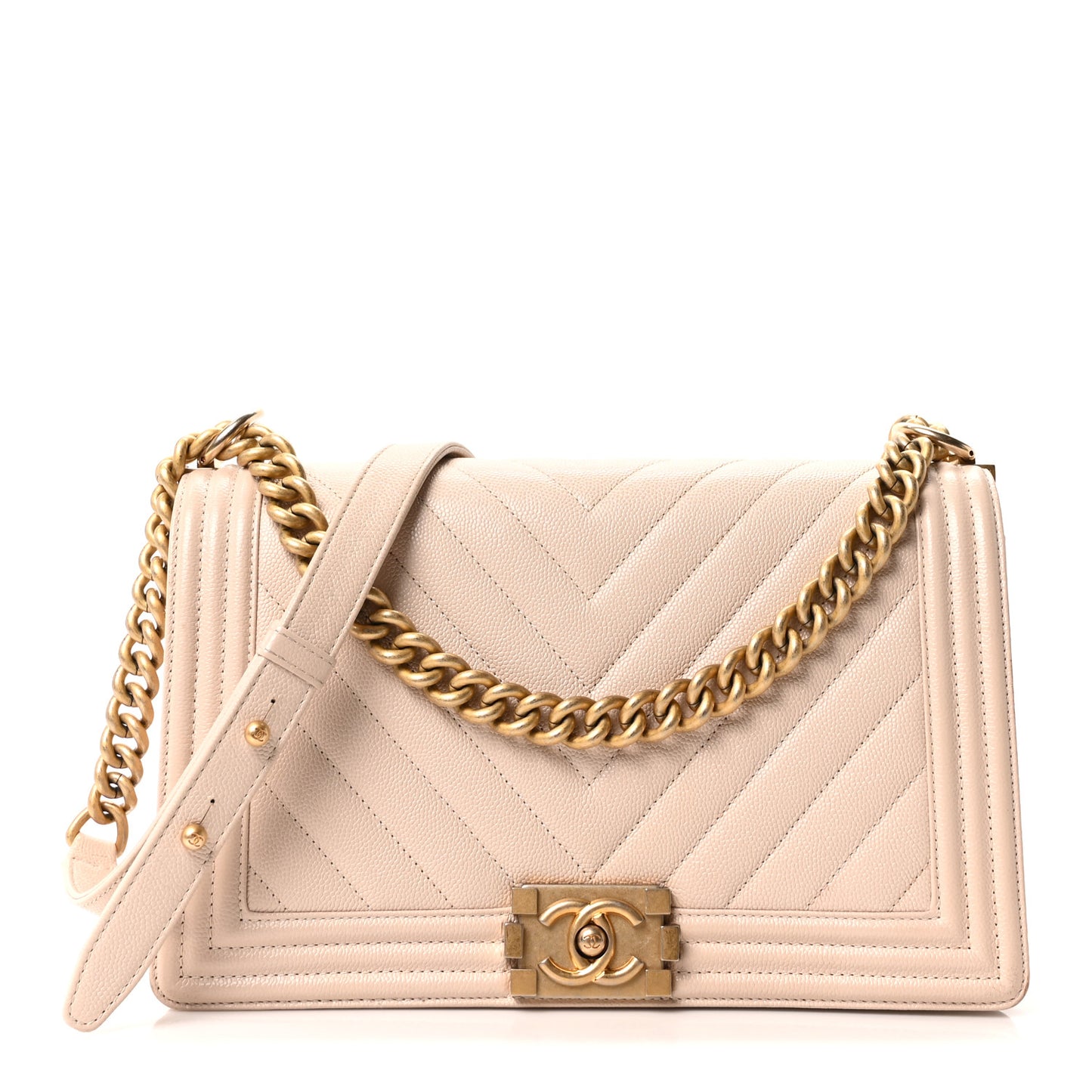 Caviar Chevron Quilted New Medium Boy Flap Beige
