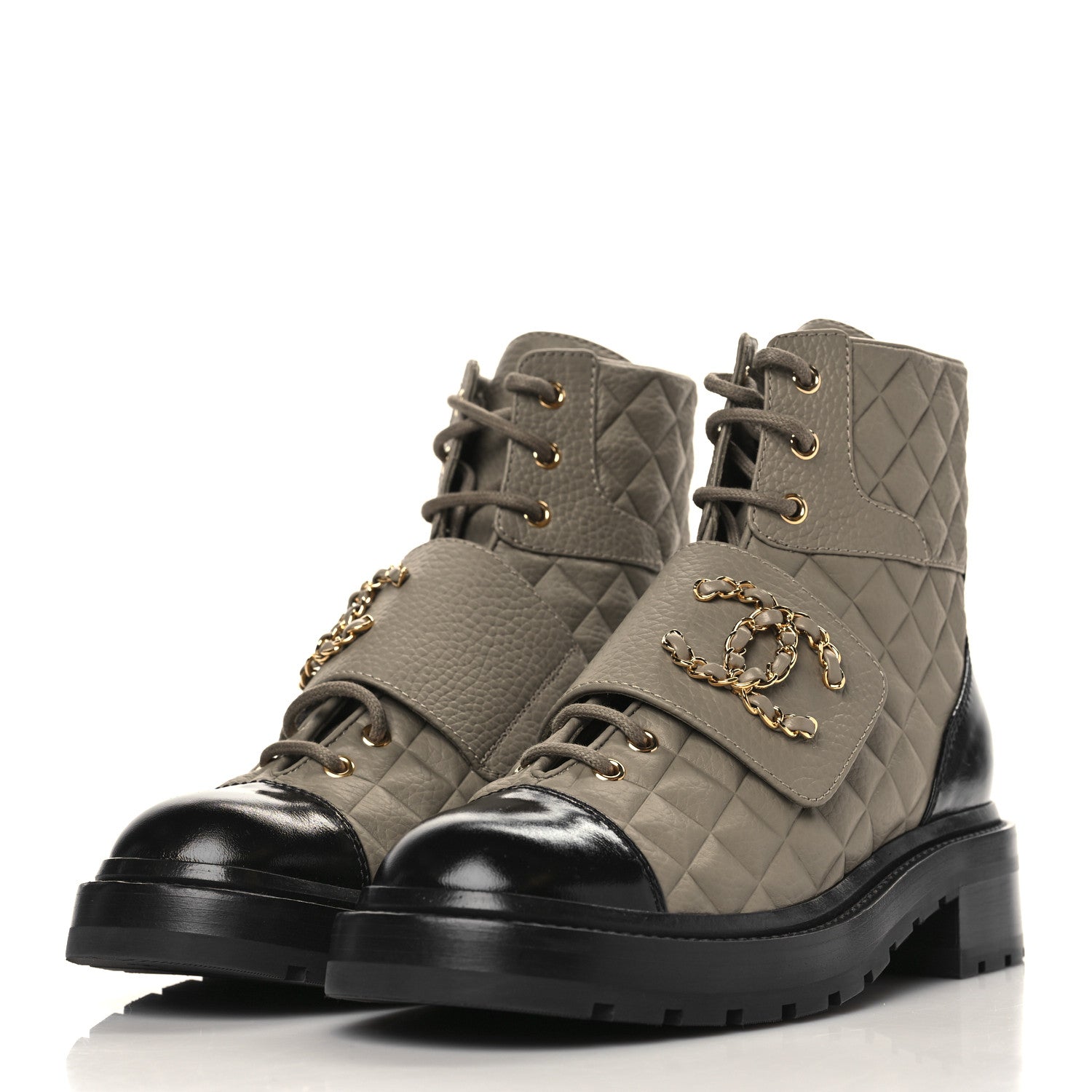 Chanel Calfskin Shiny Calfskin Quilted Lace Up Combat Boots 38.5 Dark Beige Black 3 of 7