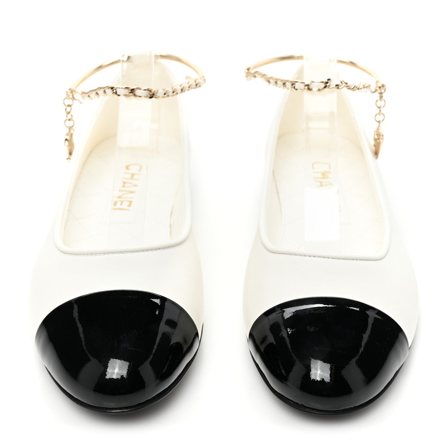 Lambskin Patent Calfskin Cap Toe Ankle Chain Ballerina Flats 37.5 White Black