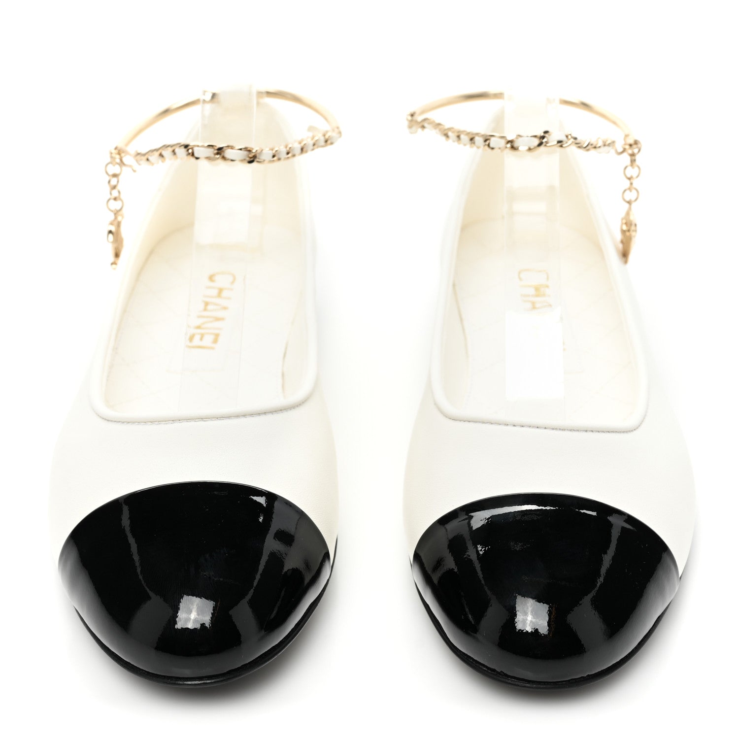 Chanel Lambskin Patent Calfskin Cap Toe Ankle Chain Ballerina Flats 37.5 White Black 2 of 9