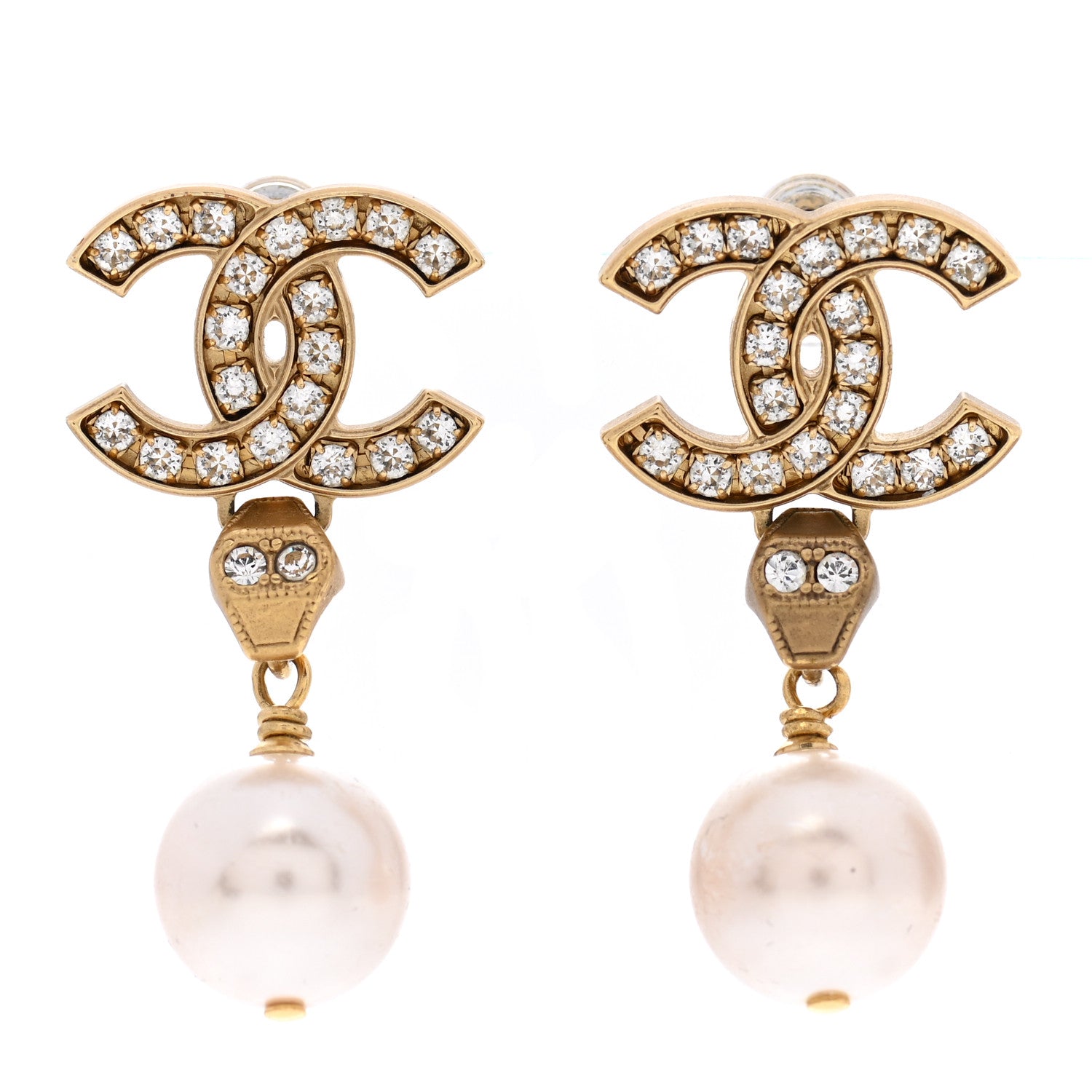 Chanel Pearl Crystal CC Drop Earrings Gold 1 of 7