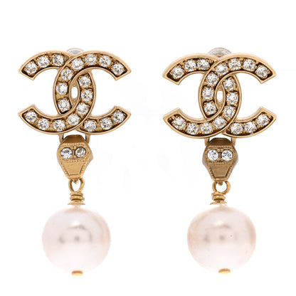 Chanel Pearl Crystal CC Drop Earrings Gold 1 of 7