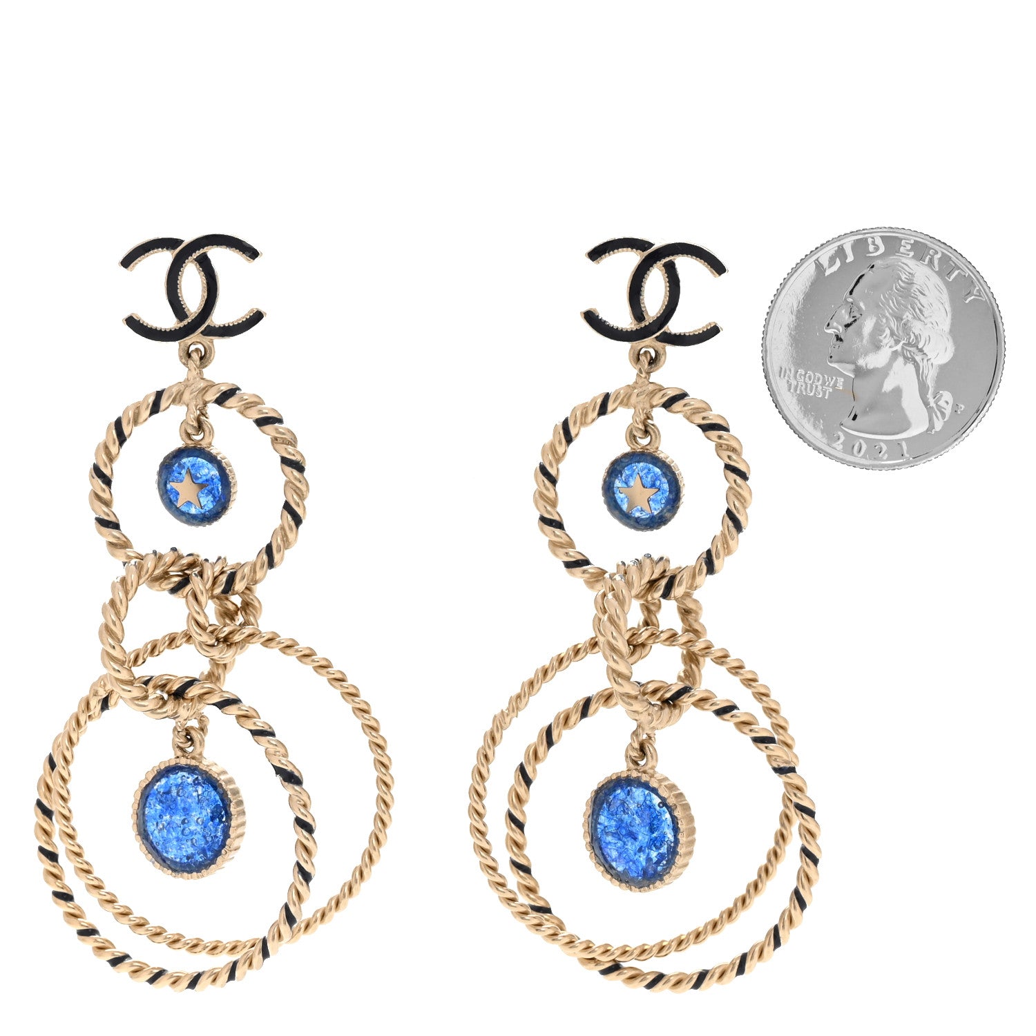 Chanel Resin Star Twisted CC Drop Earrings Blue Gold 2 of 4