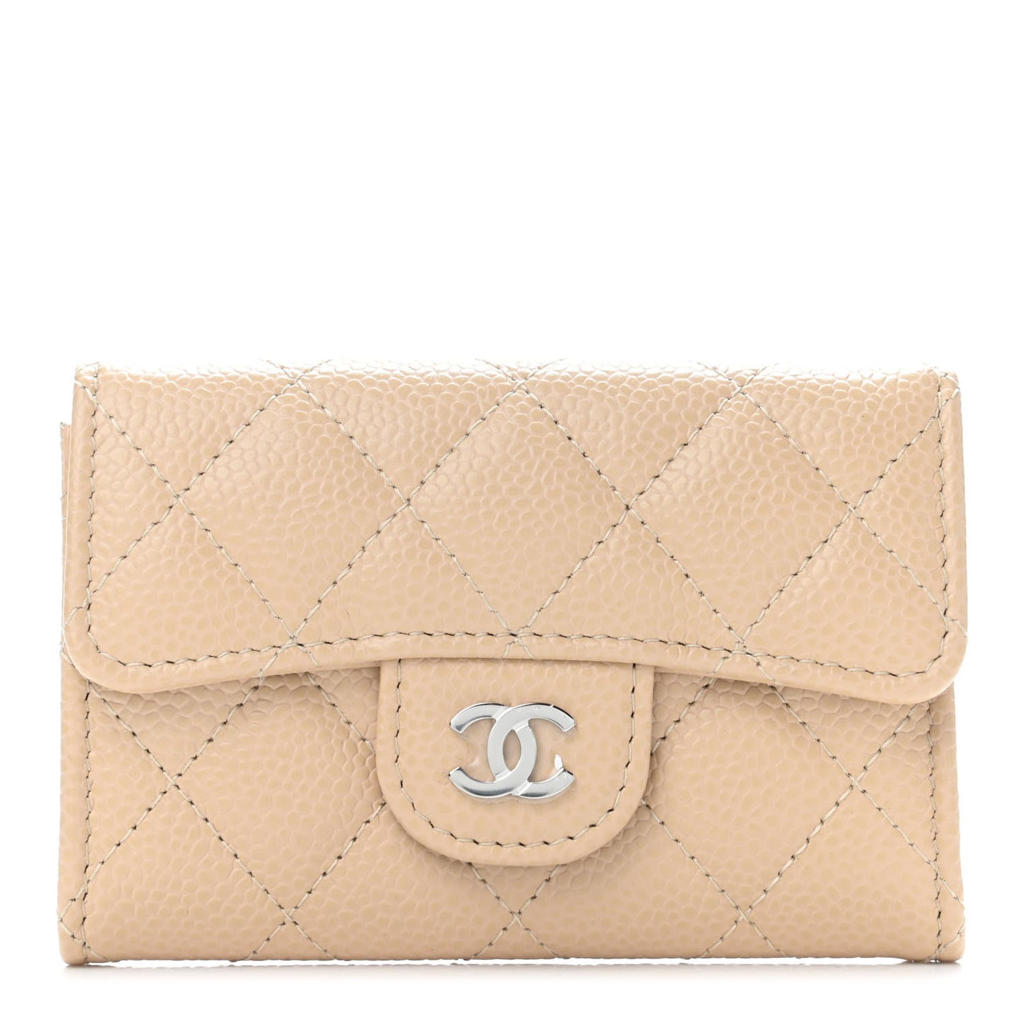 Caviar Quilted Flap Card Holder Wallet Beige