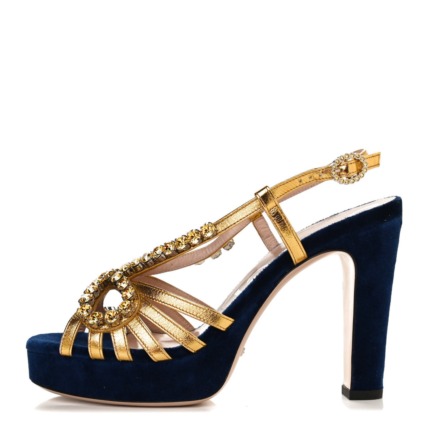 Velvet Nappa Crystal Zephyra Slingback Platform High Heel Sandals 37 Blue Gold