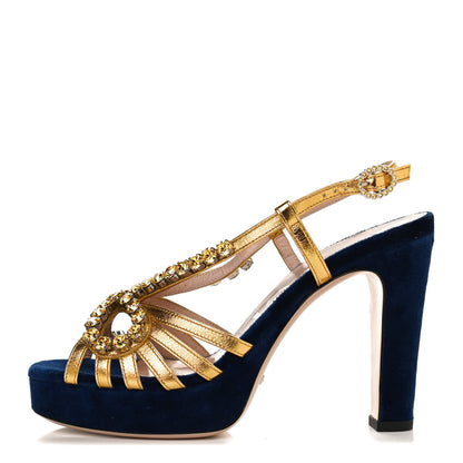 Gucci Velvet Nappa Crystal Zephyra Slingback Platform High Heel Sandals 37 Blue Gold 1 of 9