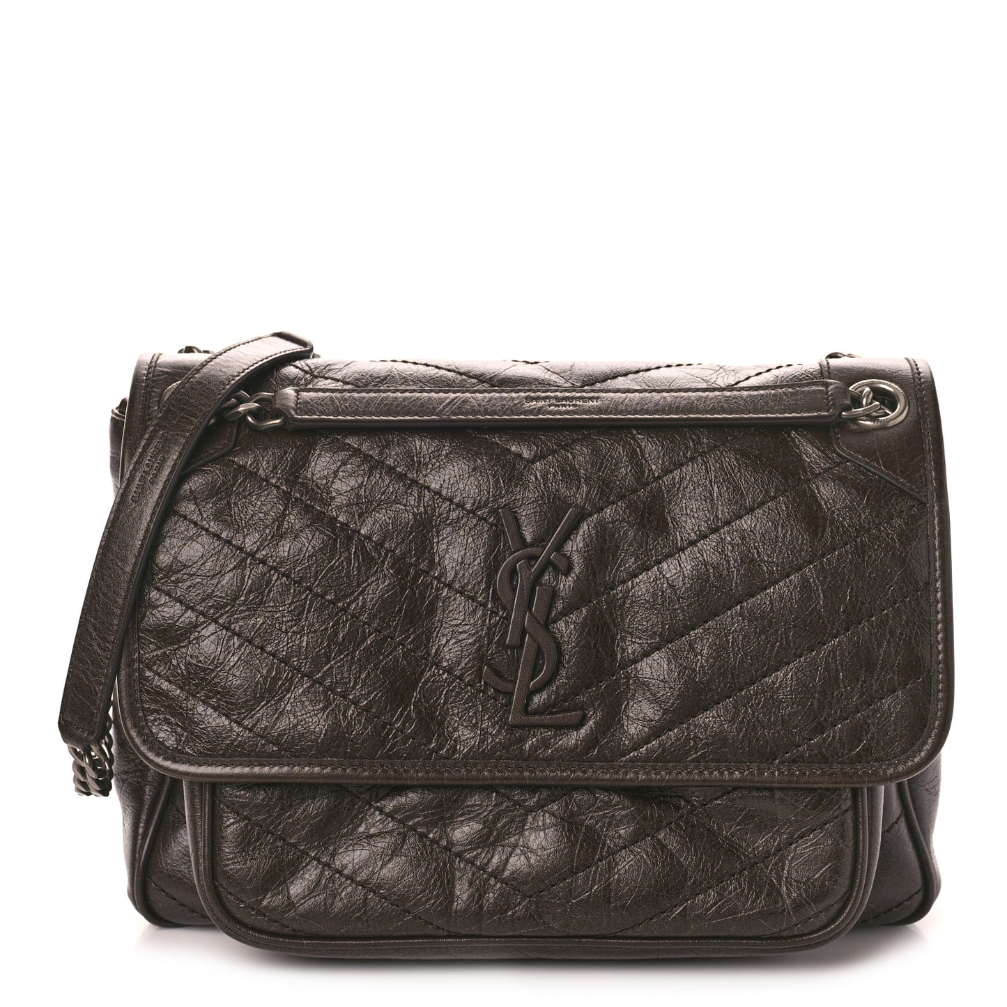 Crinkled Calfskin Matelasse Monogram Medium Niki Chain Satchel Chocolate