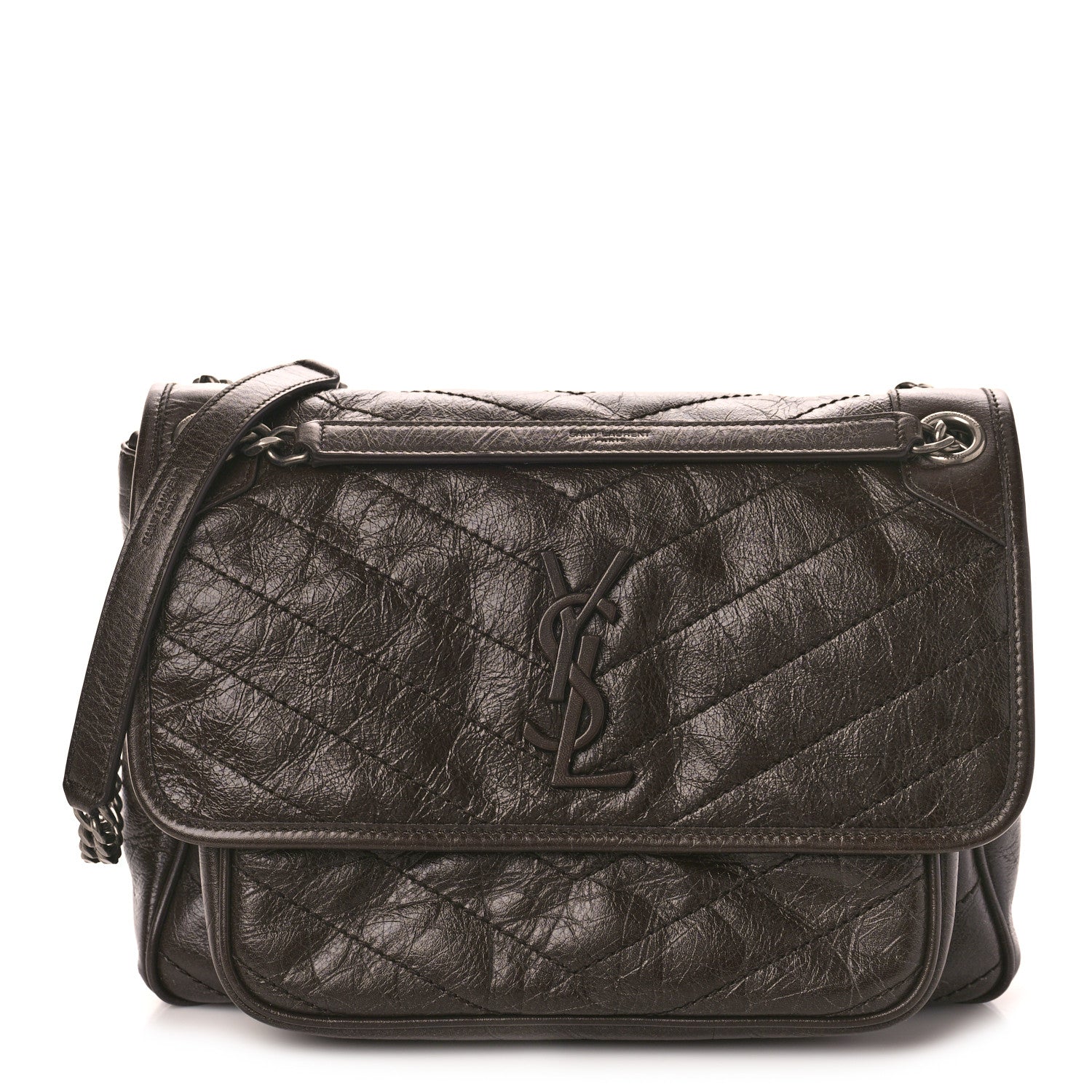 Saint Laurent Crinkled Calfskin Matelasse Monogram Medium Niki Chain Satchel Chocolate 1 of 8