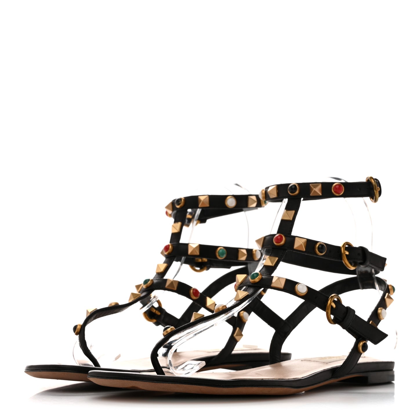Calfskin Rockstud Rolling Ankle Wrap Flat Thong Sandals 37 Black