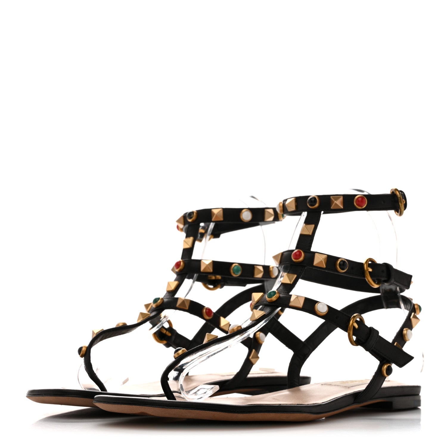 Valentino Garavani Calfskin Rockstud Rolling Ankle Wrap Flat Thong Sandals 37 Black 4 of 10