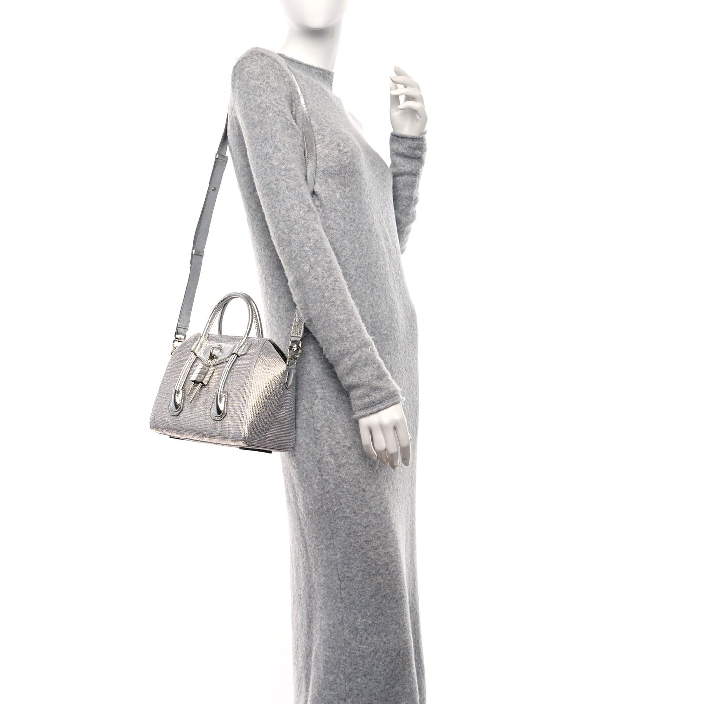 Crystal Embellished Mini Lock Antigona Shoulder Bag Silvery Grey