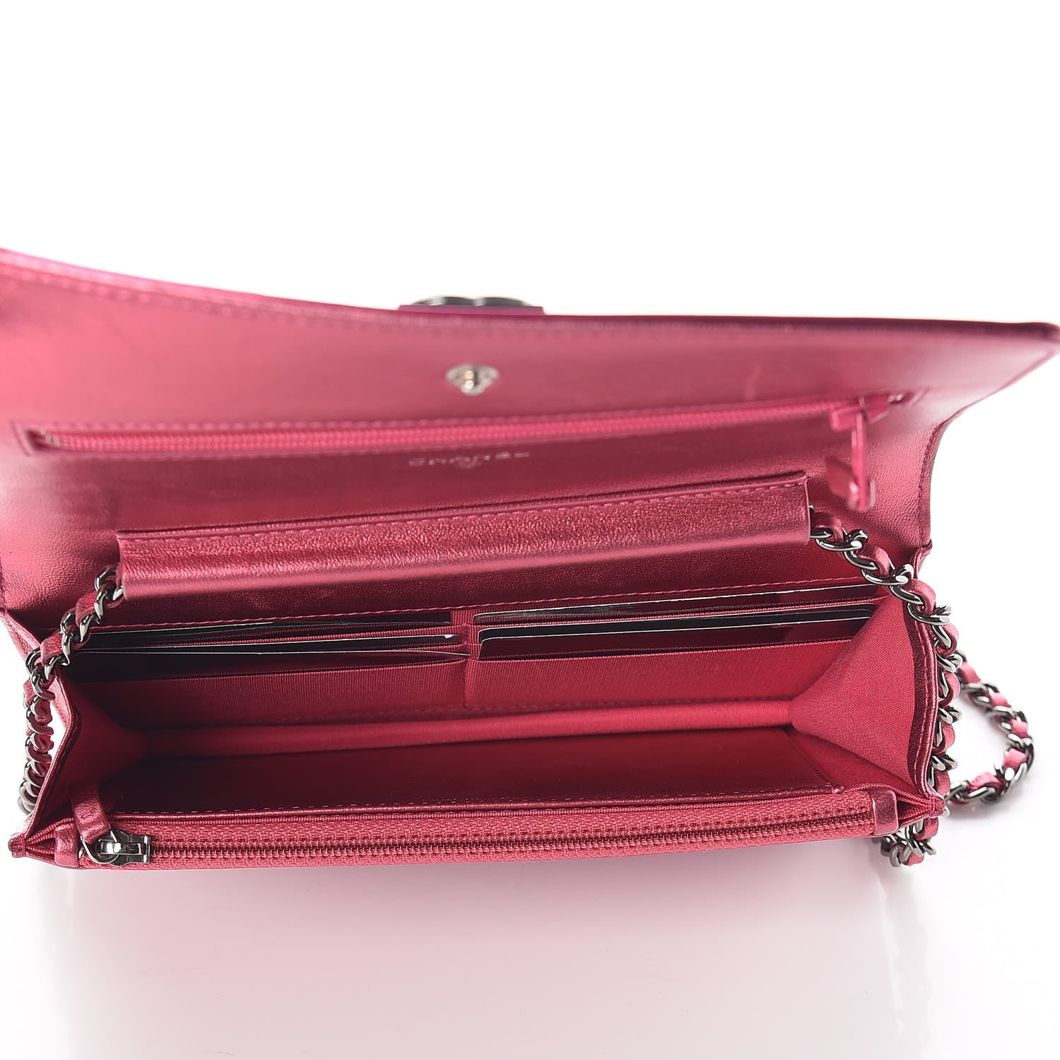 Chanel Metallic Patent Calfskin Quilted Boy Wallet On Chain WOC Fuchsia 5 of 13