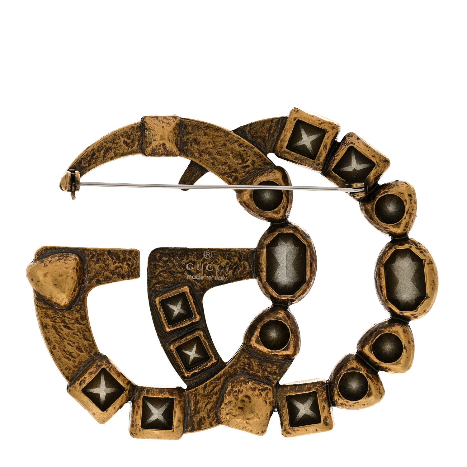 Gucci Metal Crystal Double G Brooch Aged Gold Multicolor 1665992